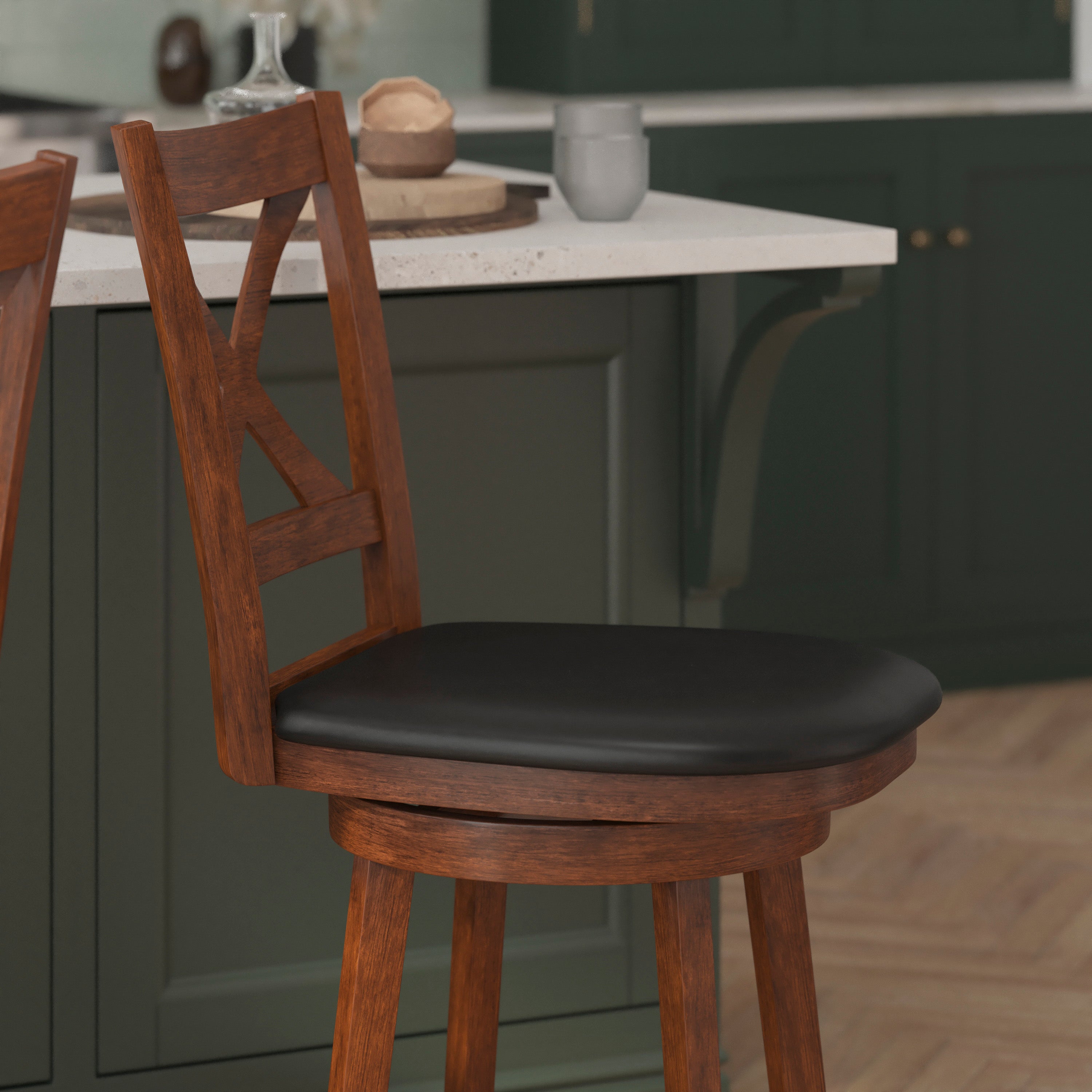 Felicity Commercial Grade Wood Classic Crossback Swivel Counter Height Barstool with Padded Black LeatherSoft Seat, Antique Oak