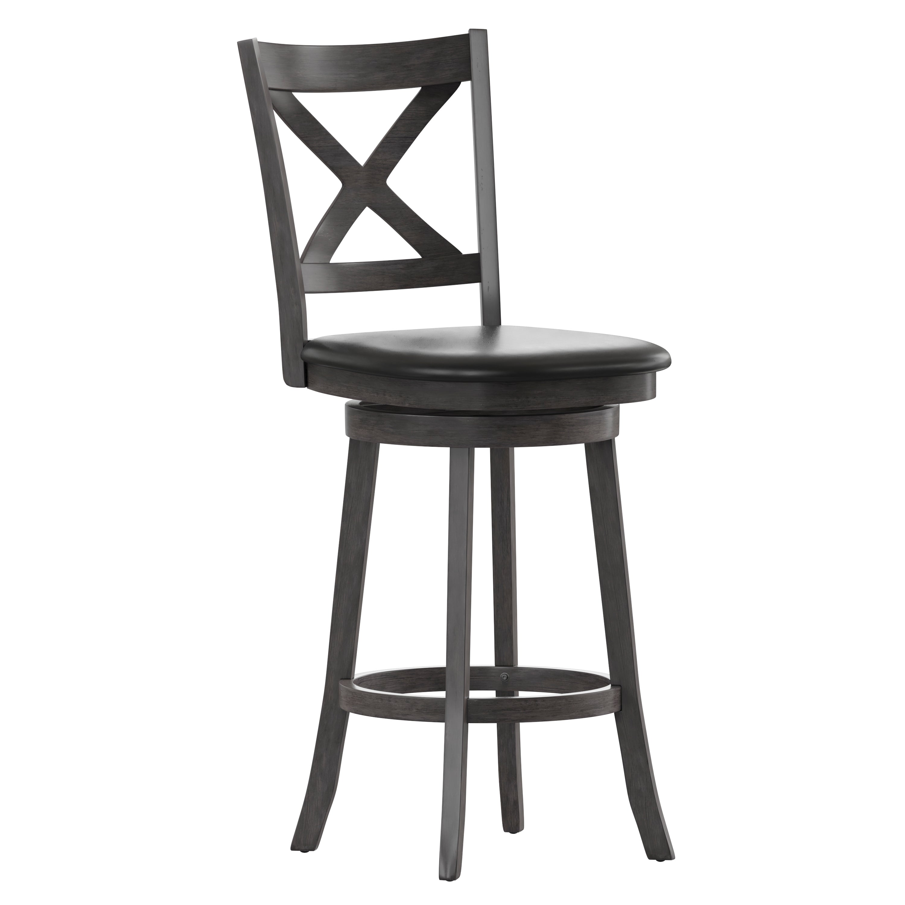 Felicity Commercial Grade Wood Classic Crossback Swivel Bar Height Barstool with Padded Black LeatherSoft Seat, Gray Wash Walnut