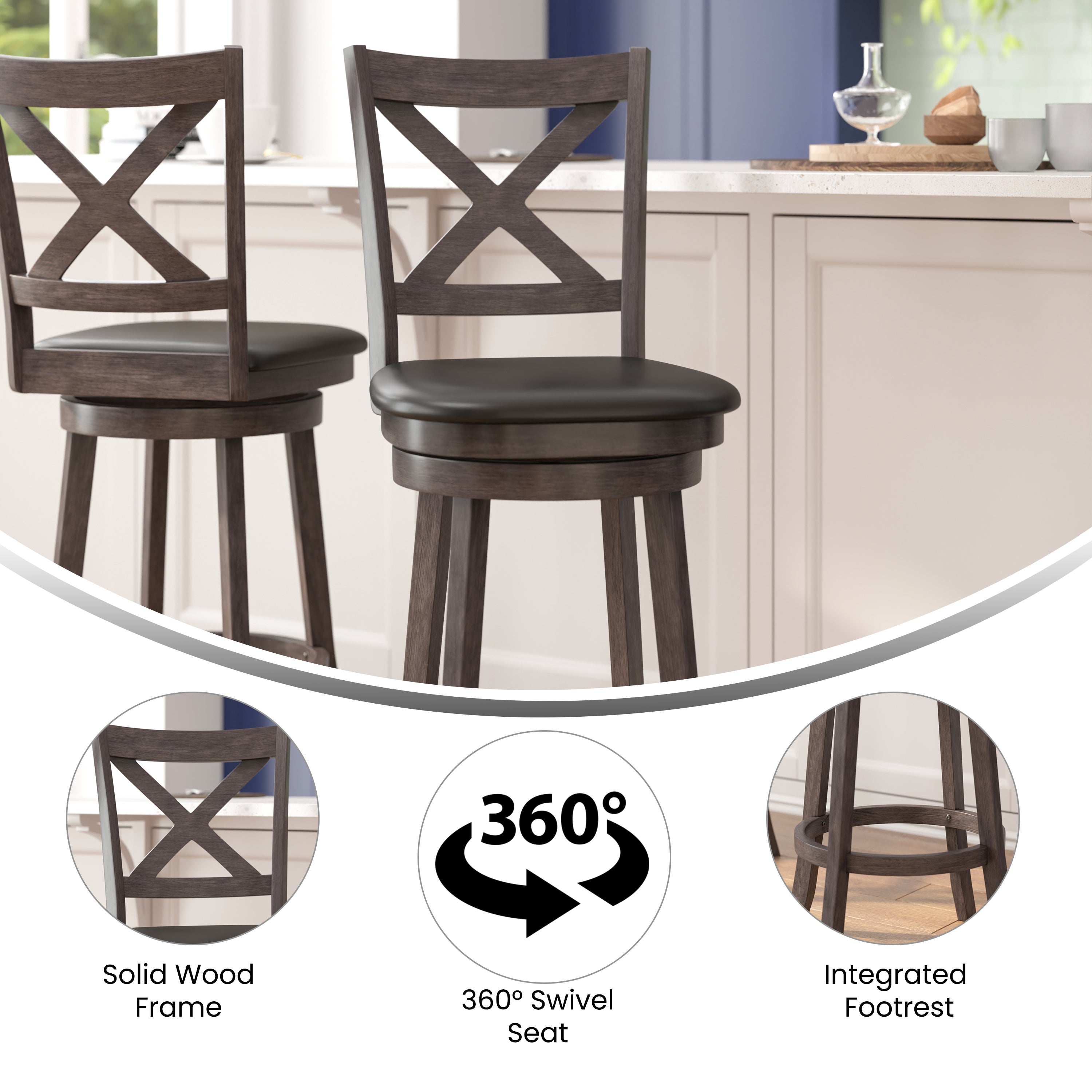 Felicity Commercial Grade Wood Classic Crossback Swivel Bar Height Barstool with Padded Black LeatherSoft Seat, Gray Wash Walnut
