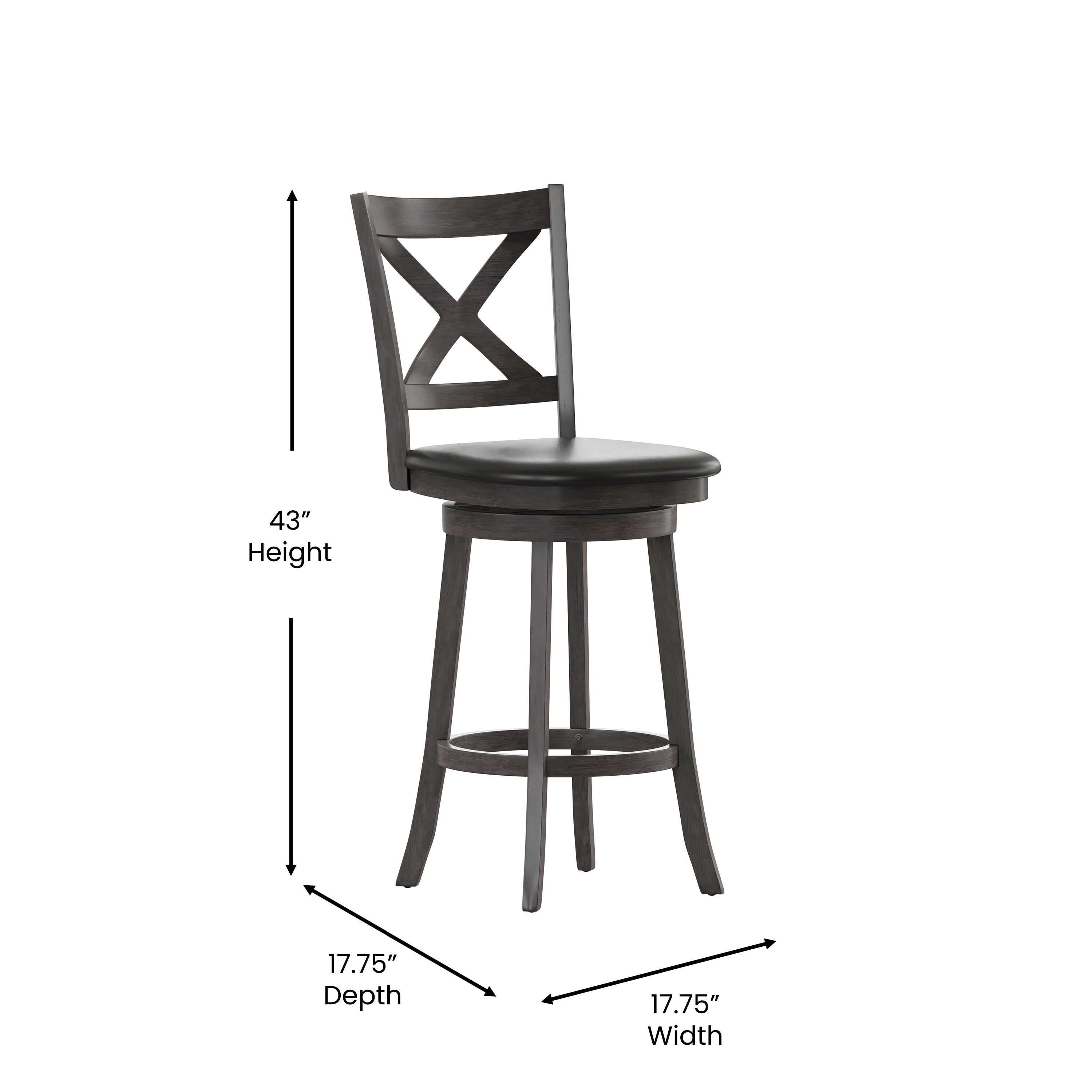 Felicity Commercial Grade Wood Classic Crossback Swivel Bar Height Barstool with Padded Black LeatherSoft Seat, Gray Wash Walnut