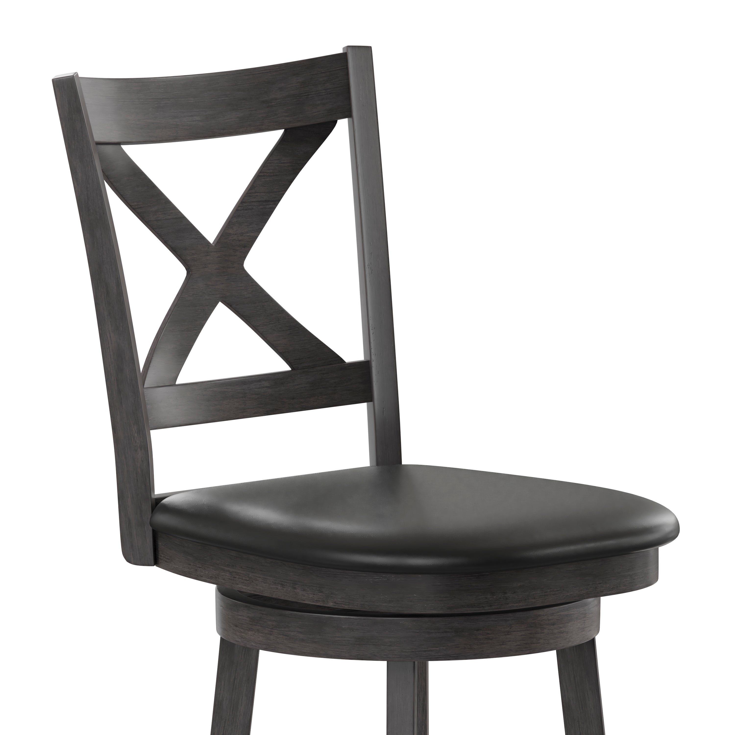 Felicity Commercial Grade Wood Classic Crossback Swivel Bar Height Barstool with Padded Black LeatherSoft Seat, Gray Wash Walnut