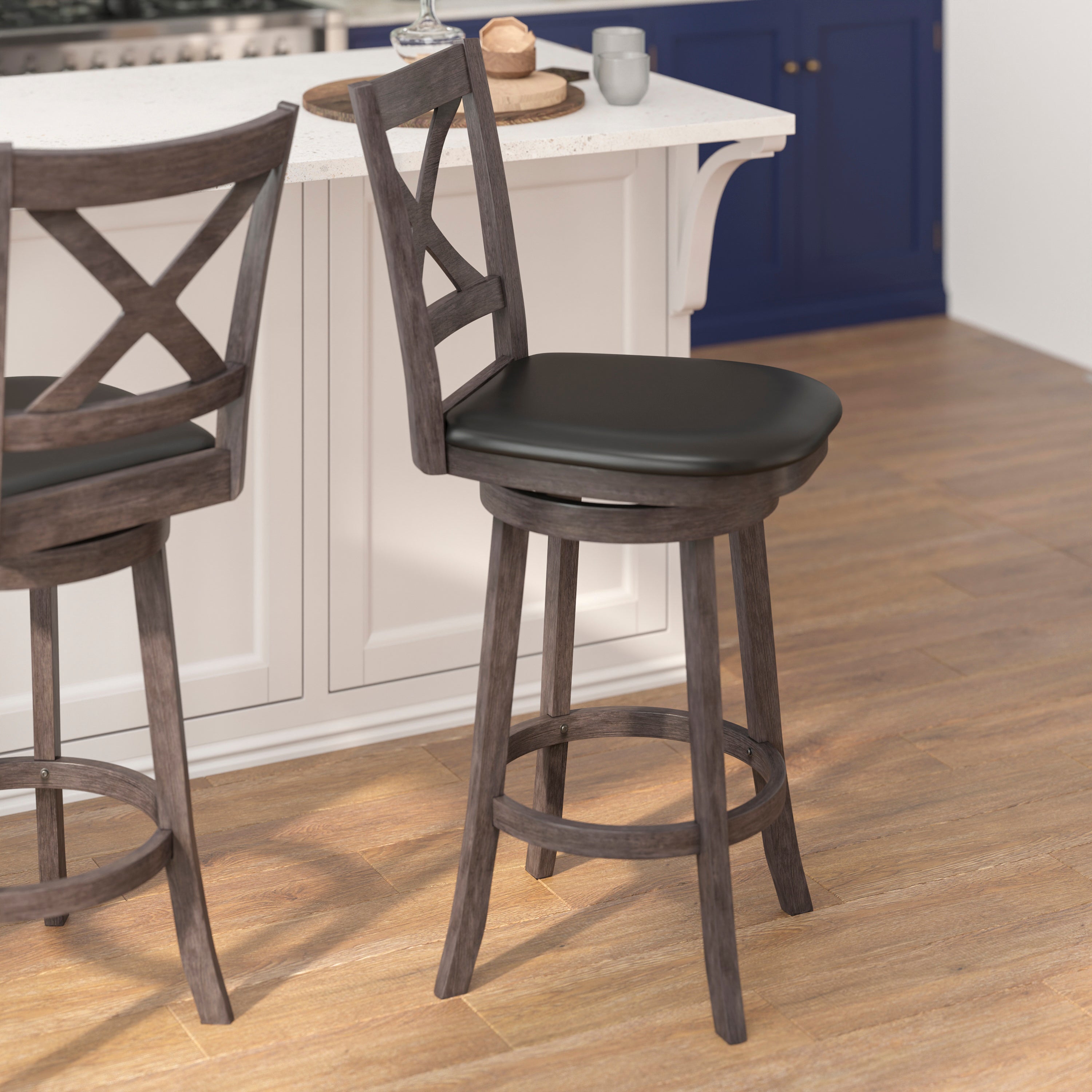Felicity Commercial Grade Wood Classic Crossback Swivel Bar Height Barstool with Padded Black LeatherSoft Seat, Gray Wash Walnut