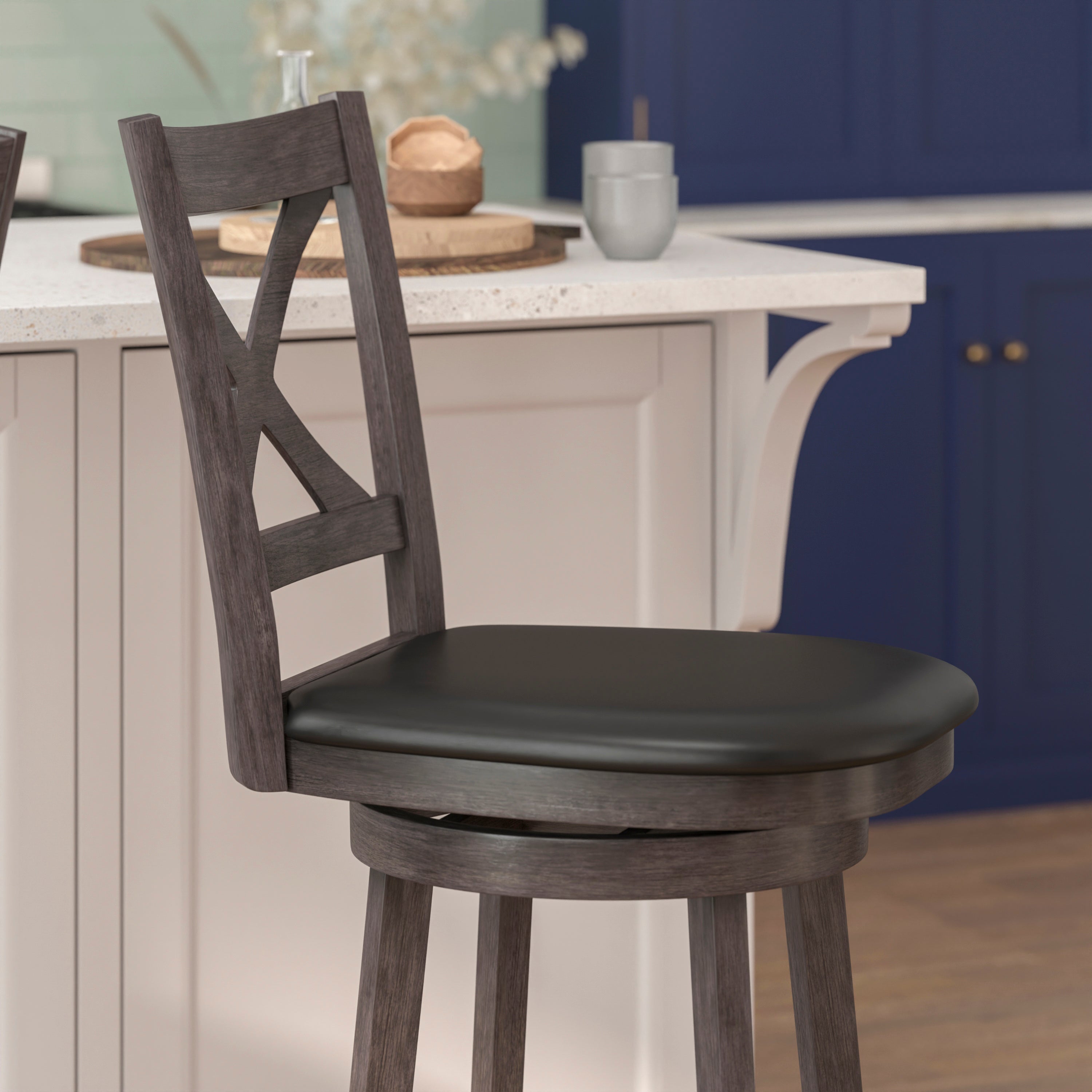 Felicity Commercial Grade Wood Classic Crossback Swivel Bar Height Barstool with Padded Black LeatherSoft Seat, Gray Wash Walnut
