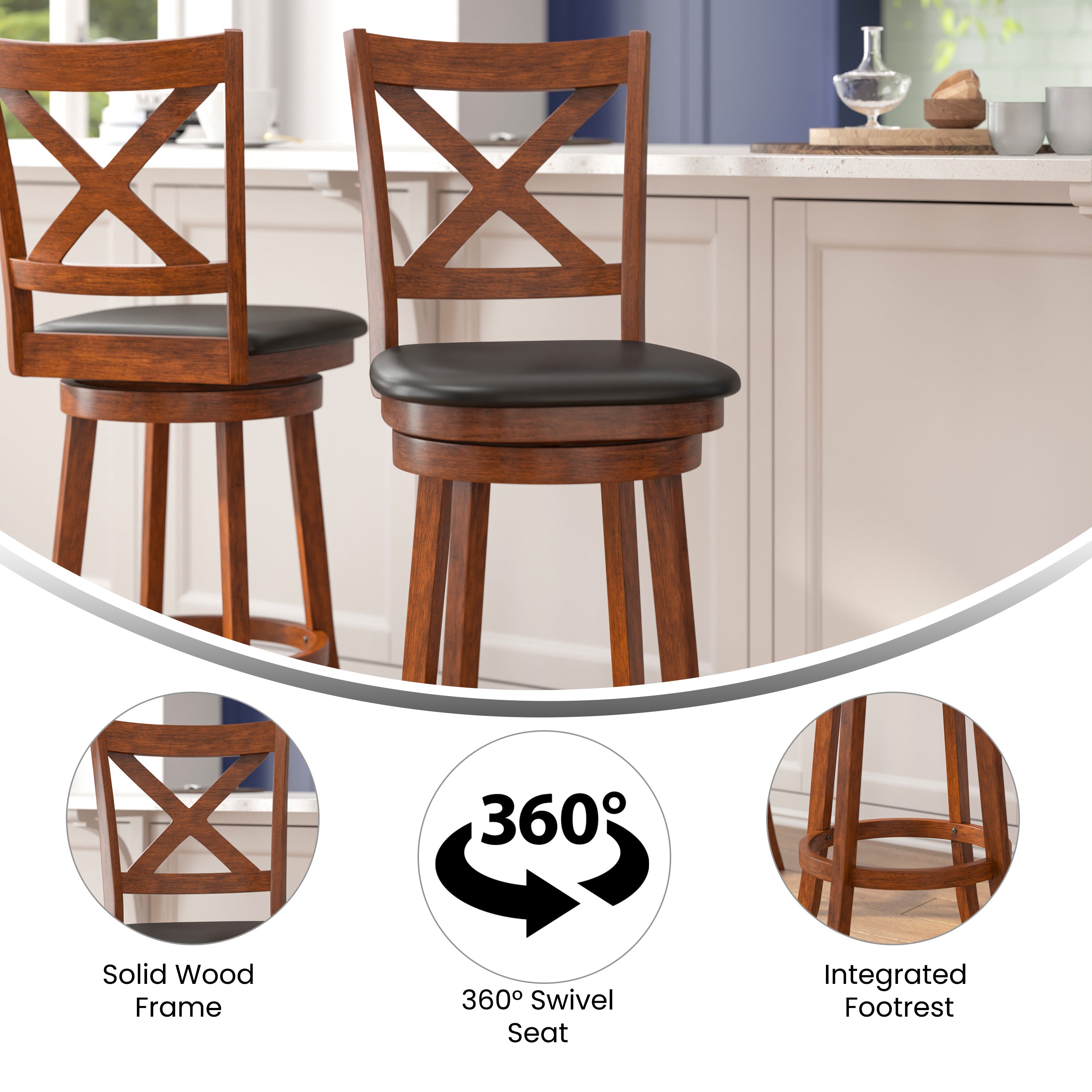 Felicity Commercial Grade Wood Classic Crossback Swivel Bar Height Barstool with Padded Black LeatherSoft Seat, Antique Oak