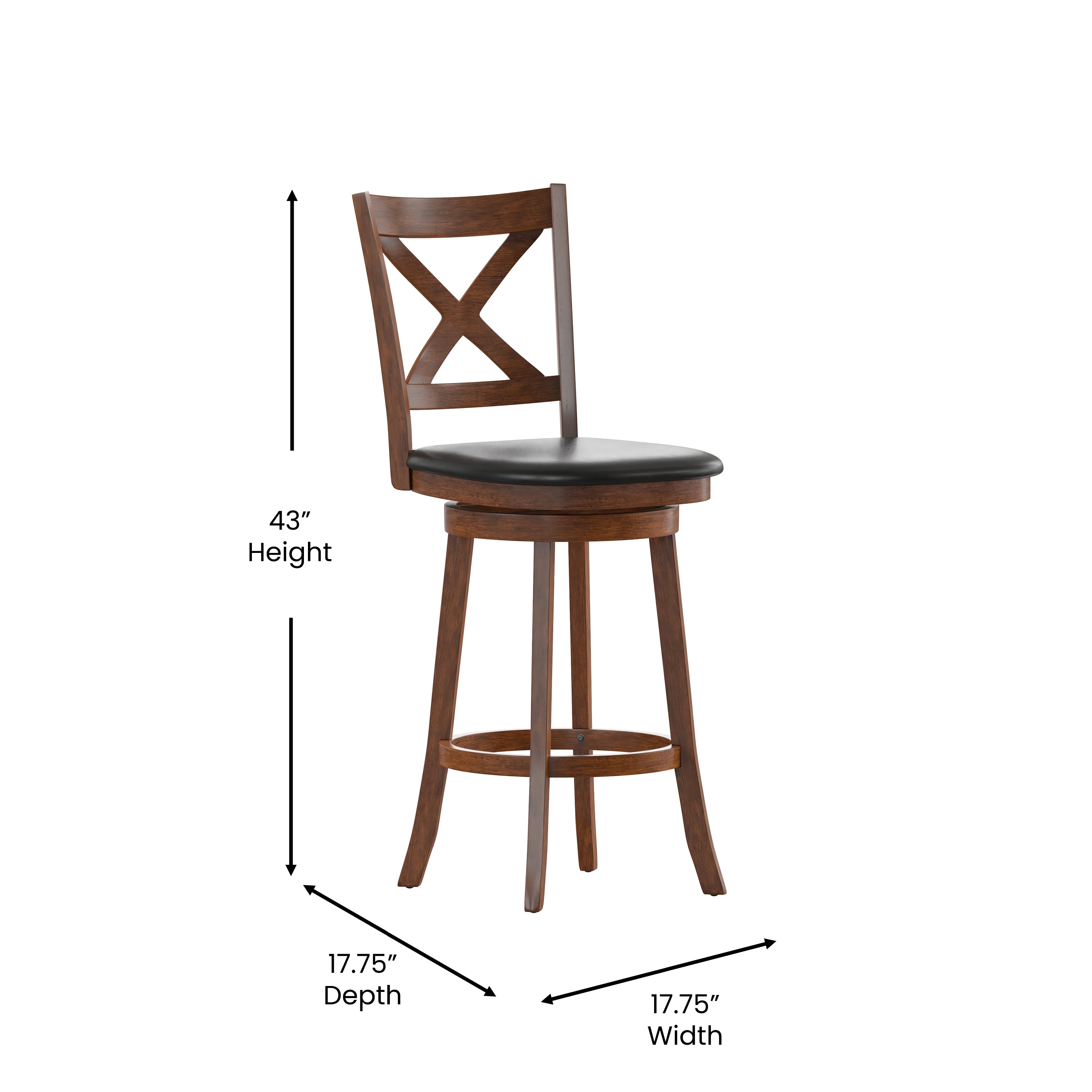 Felicity Commercial Grade Wood Classic Crossback Swivel Bar Height Barstool with Padded Black LeatherSoft Seat, Antique Oak