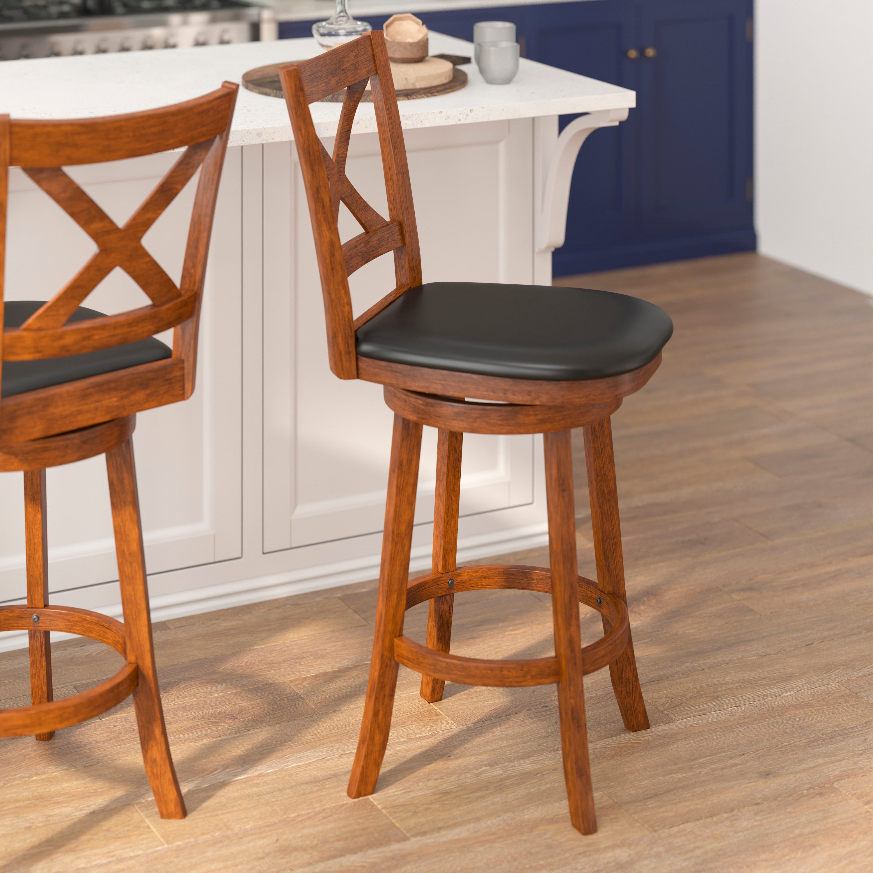 Felicity Commercial Grade Wood Classic Crossback Swivel Bar Height Barstool with Padded Black LeatherSoft Seat, Antique Oak
