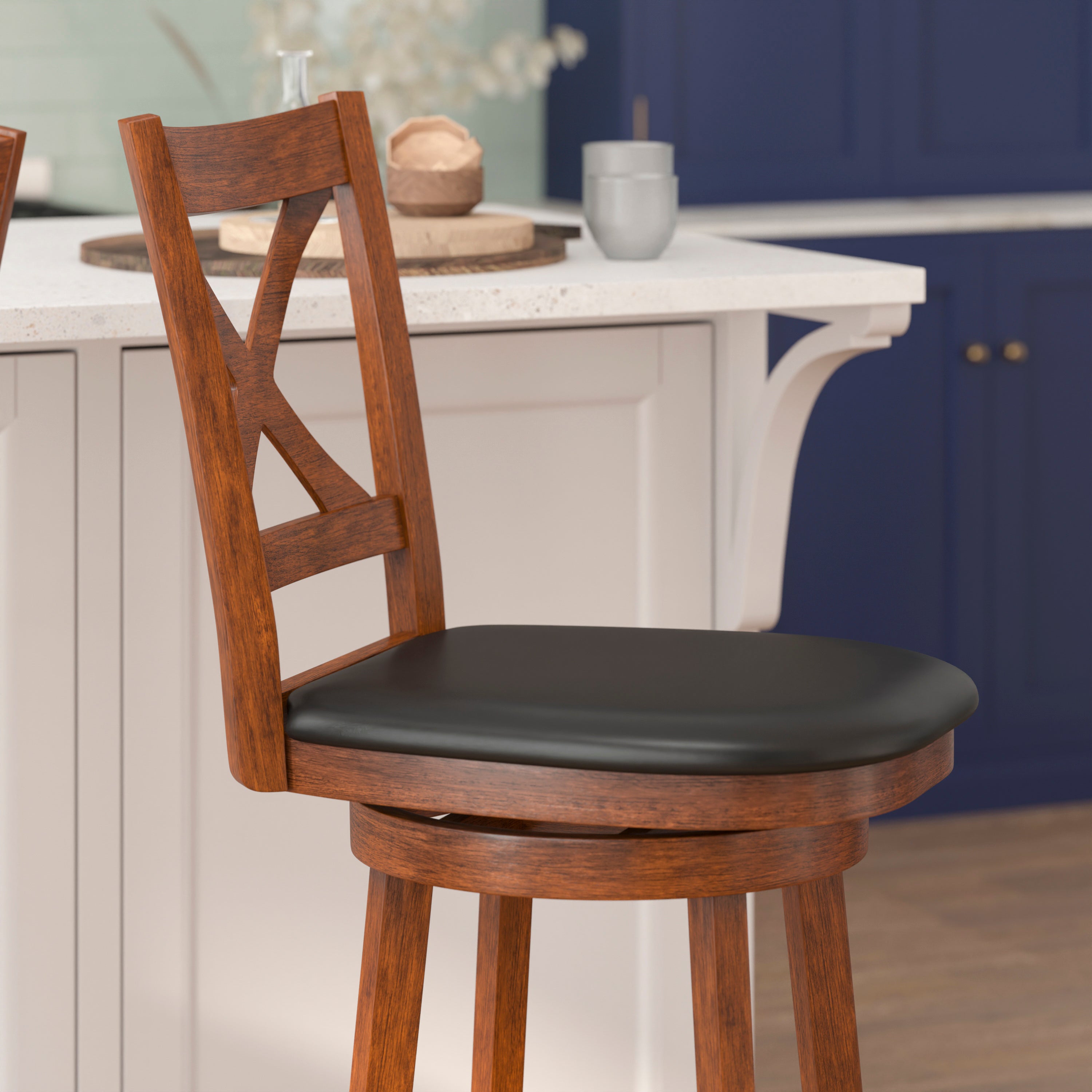 Felicity Commercial Grade Wood Classic Crossback Swivel Bar Height Barstool with Padded Black LeatherSoft Seat, Antique Oak