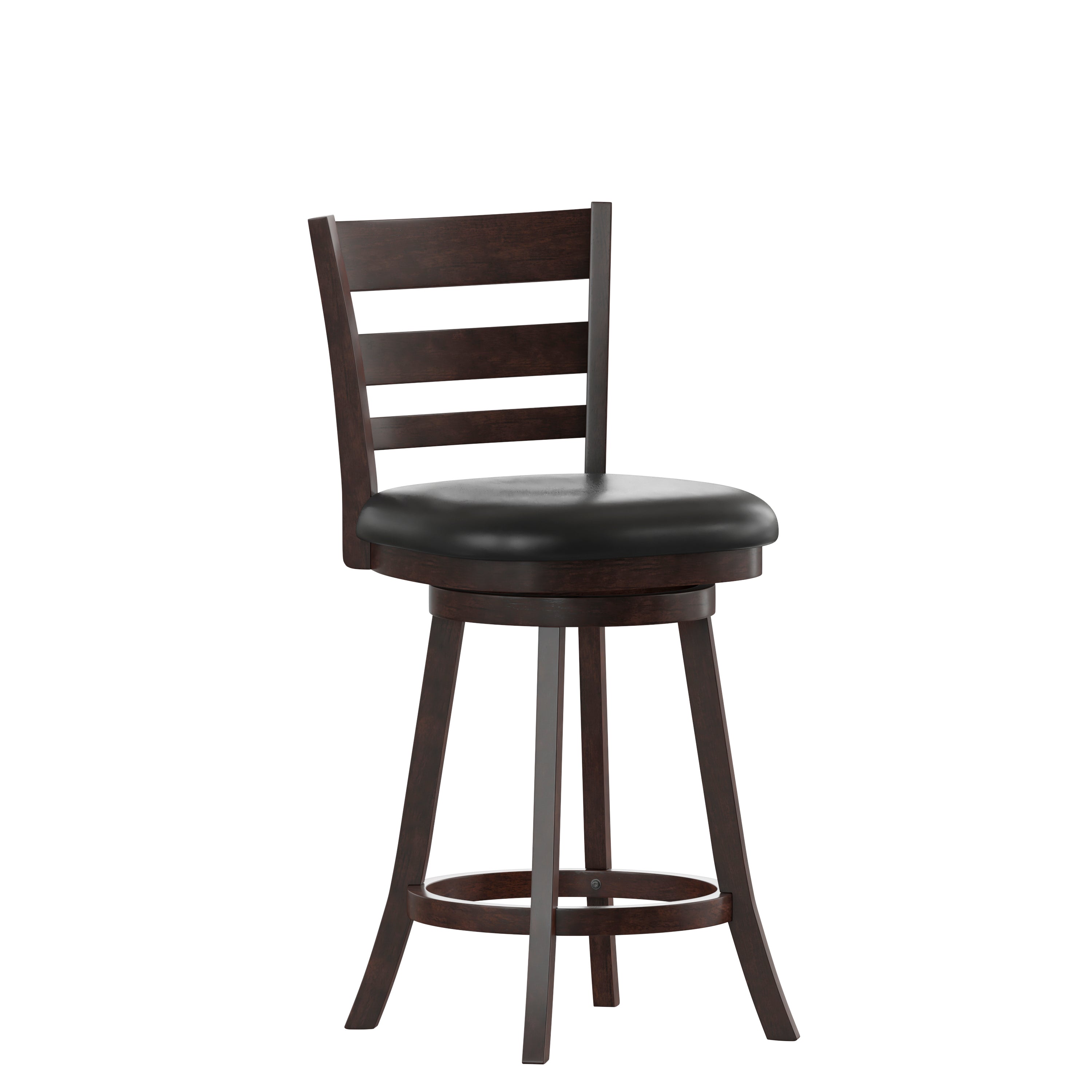 Zerrick Commercial Grade Wood Classic Ladderback Swivel Counter Height Barstool with Padded Black LeatherSoft Seat, Espresso