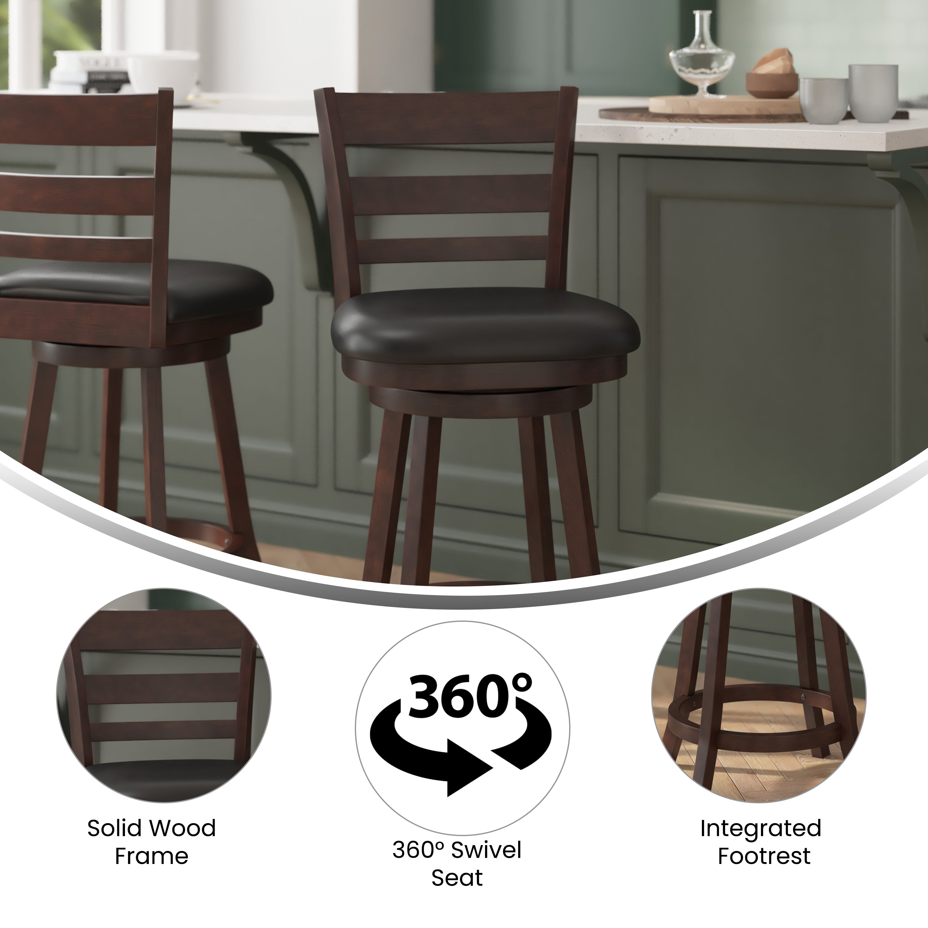 Zerrick Commercial Grade Wood Classic Ladderback Swivel Counter Height Barstool with Padded Black LeatherSoft Seat, Espresso
