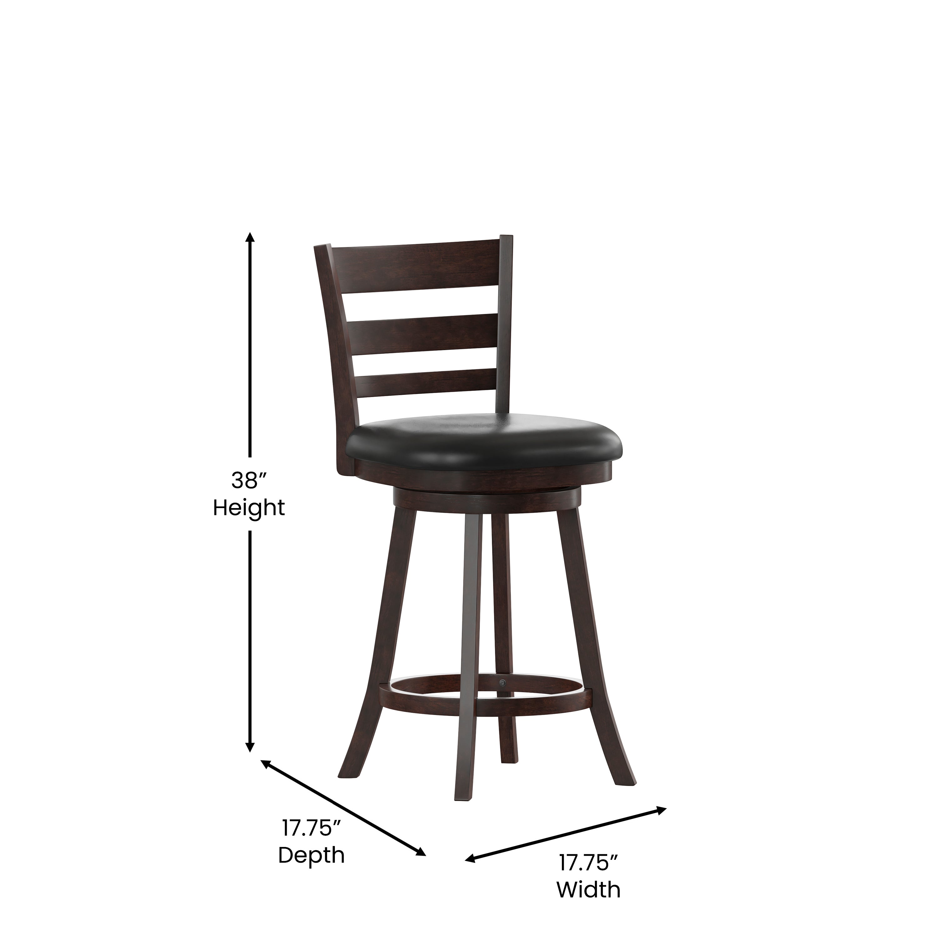 Zerrick Commercial Grade Wood Classic Ladderback Swivel Counter Height Barstool with Padded Black LeatherSoft Seat, Espresso