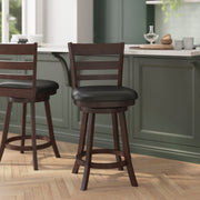 Zerrick Commercial Grade Wood Classic Ladderback Swivel Counter Height Barstool with Padded Black LeatherSoft Seat, Espresso