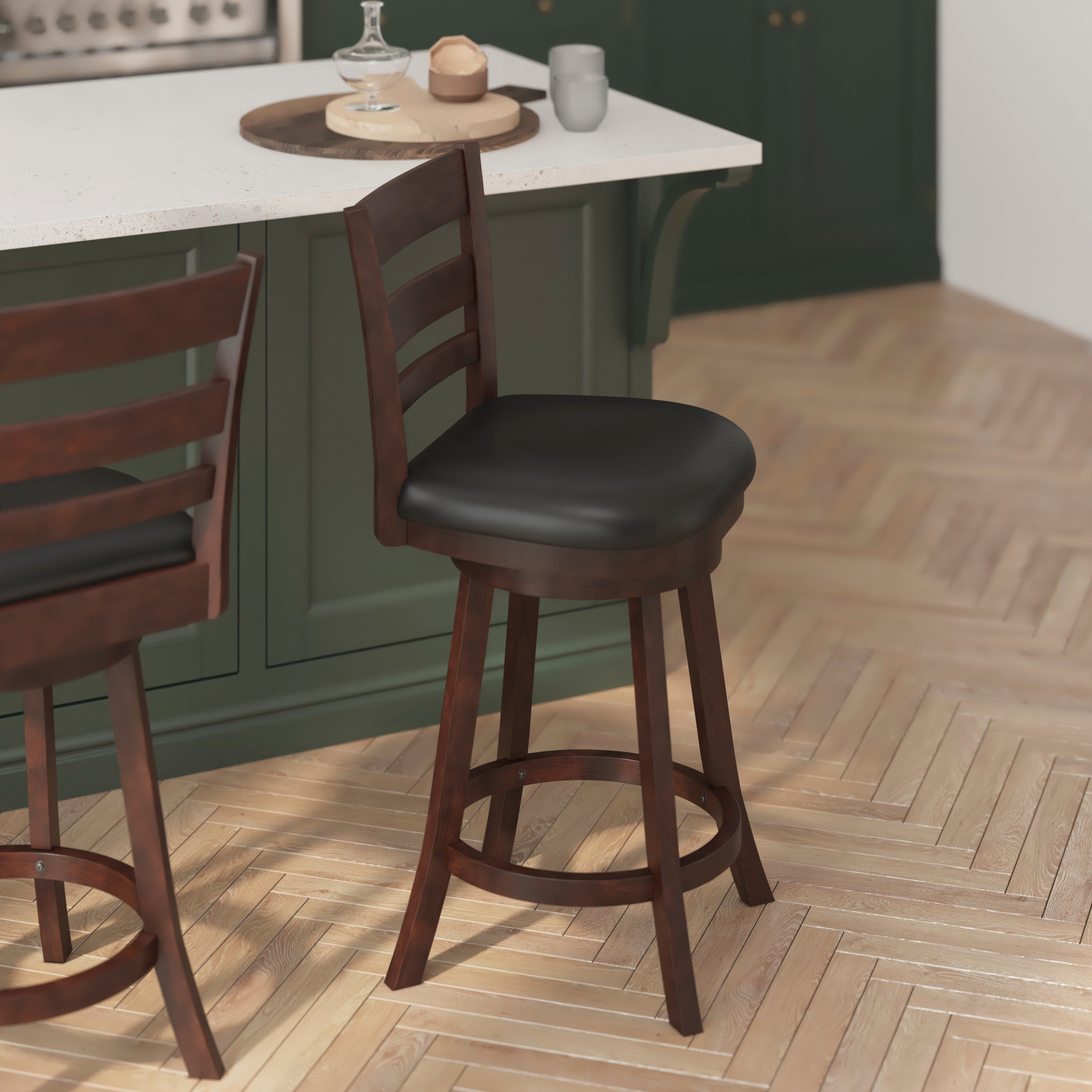 Zerrick Commercial Grade Wood Classic Ladderback Swivel Counter Height Barstool with Padded Black LeatherSoft Seat, Espresso