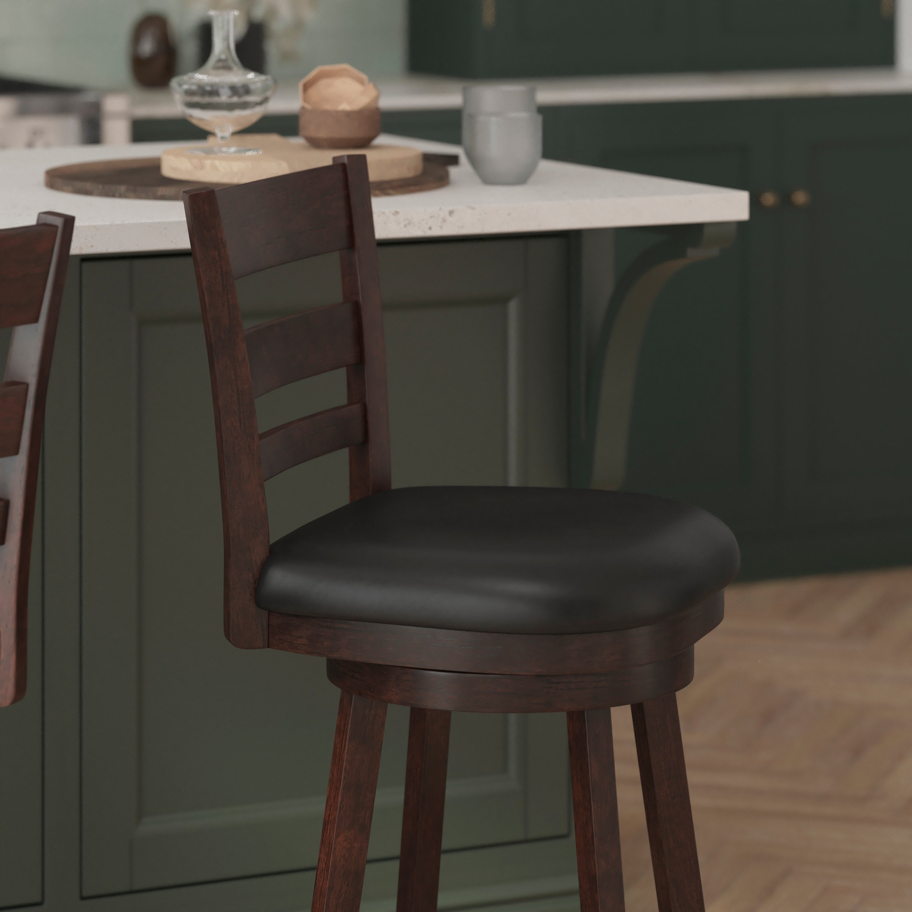 Zerrick Commercial Grade Wood Classic Ladderback Swivel Counter Height Barstool with Padded Black LeatherSoft Seat, Espresso