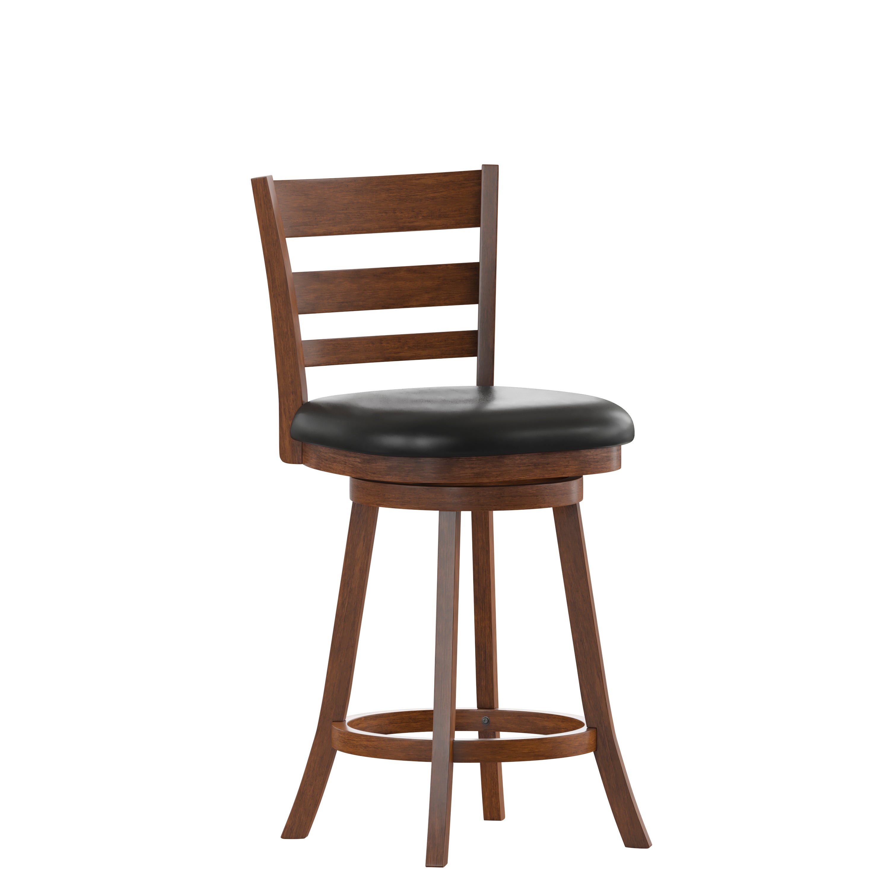 Zerrick Commercial Grade Wood Classic Ladderback Swivel Counter Height Barstool with Padded Black LeatherSoft Seat, Antique Oak