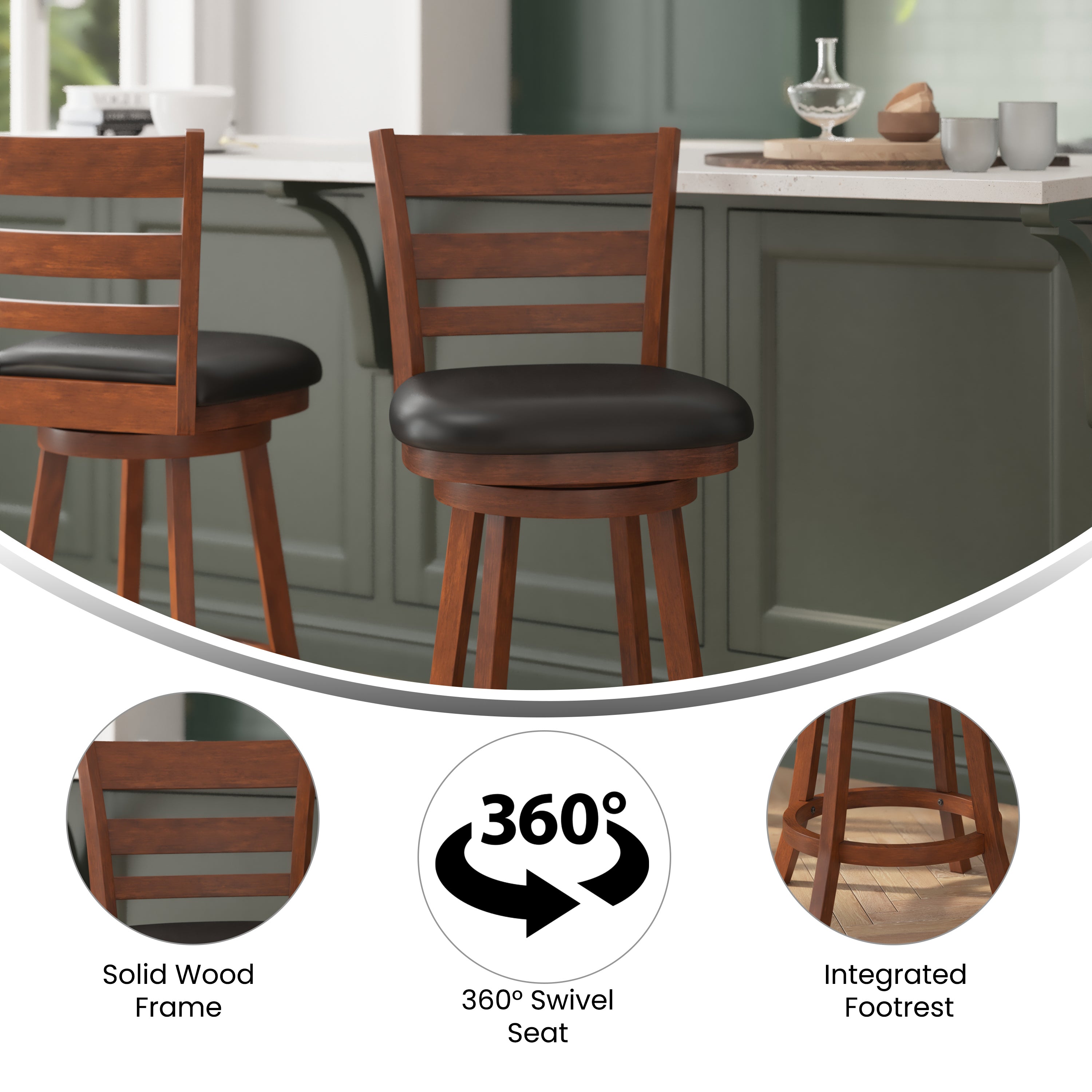 Zerrick Commercial Grade Wood Classic Ladderback Swivel Counter Height Barstool with Padded Black LeatherSoft Seat, Antique Oak