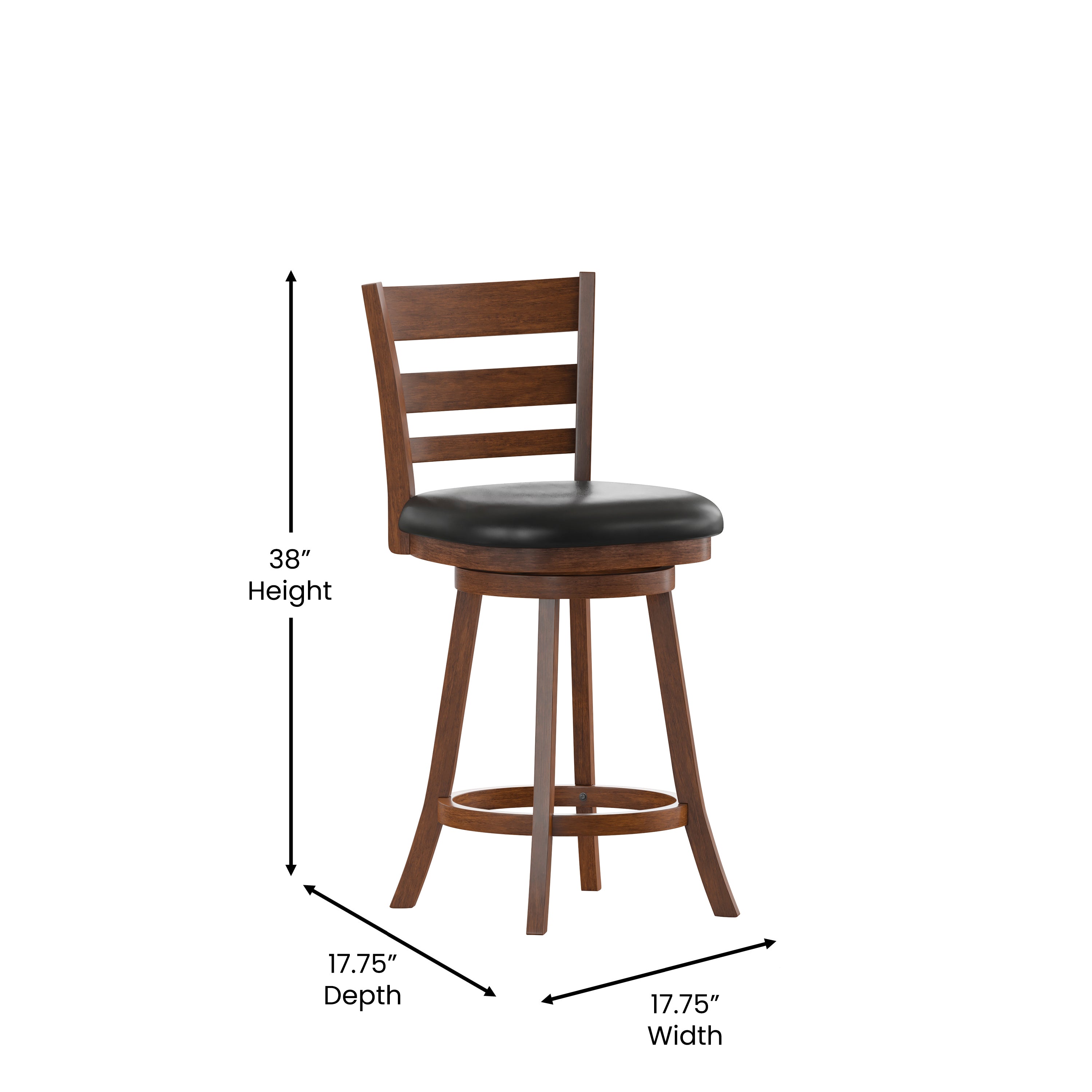 Zerrick Commercial Grade Wood Classic Ladderback Swivel Counter Height Barstool with Padded Black LeatherSoft Seat, Antique Oak