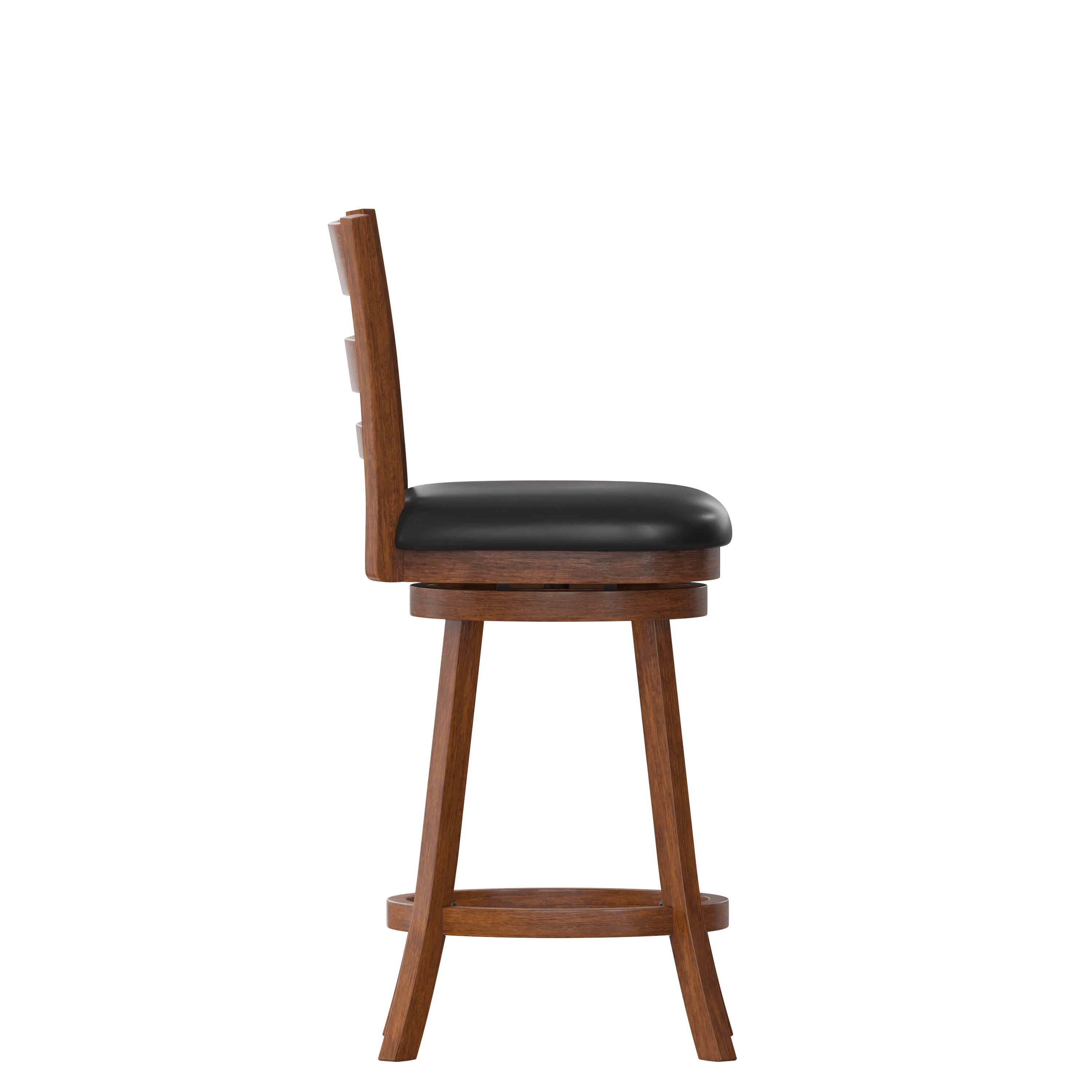 Zerrick Commercial Grade Wood Classic Ladderback Swivel Counter Height Barstool with Padded Black LeatherSoft Seat, Antique Oak