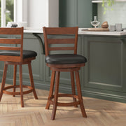 Zerrick Commercial Grade Wood Classic Ladderback Swivel Counter Height Barstool with Padded Black LeatherSoft Seat, Antique Oak