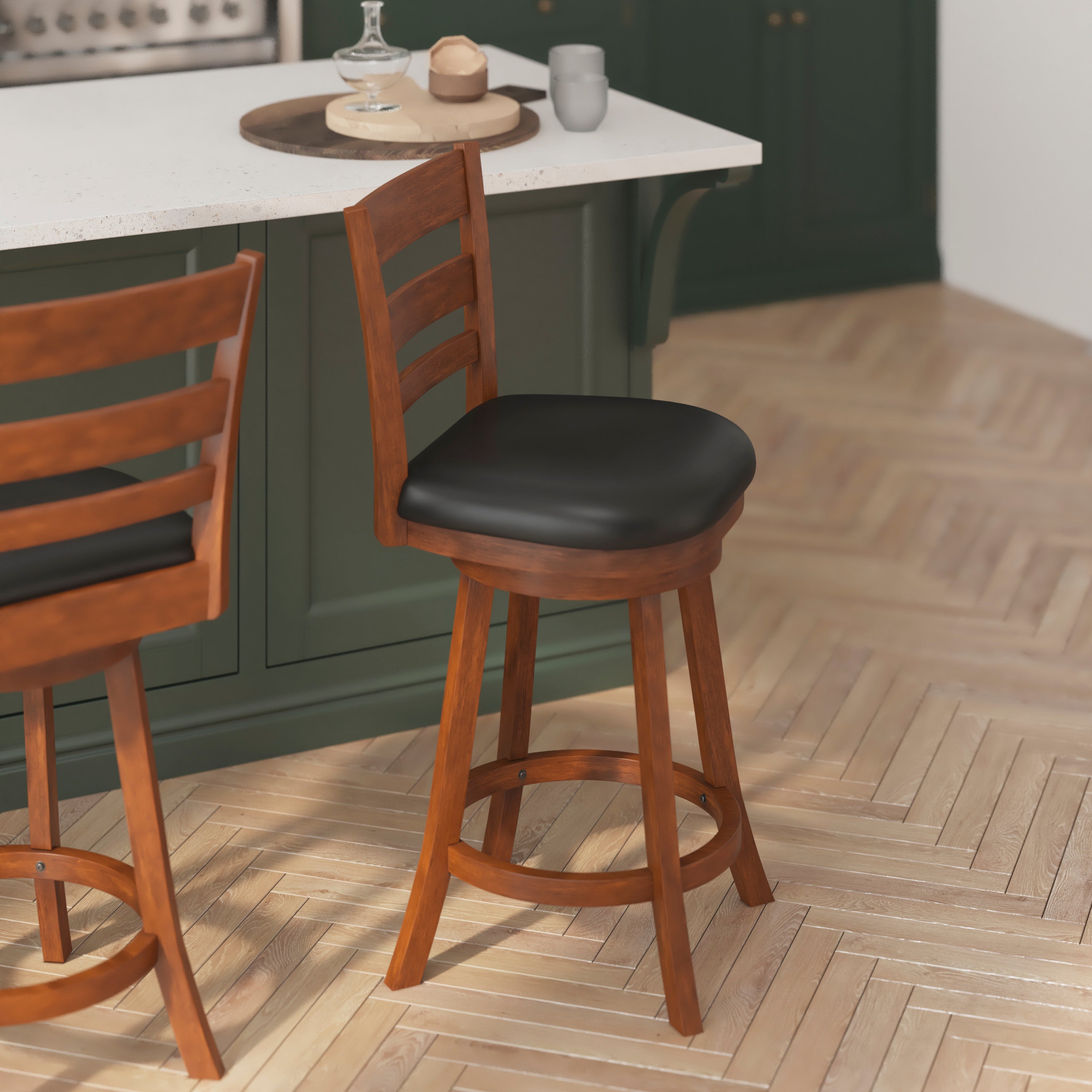 Zerrick Commercial Grade Wood Classic Ladderback Swivel Counter Height Barstool with Padded Black LeatherSoft Seat, Antique Oak