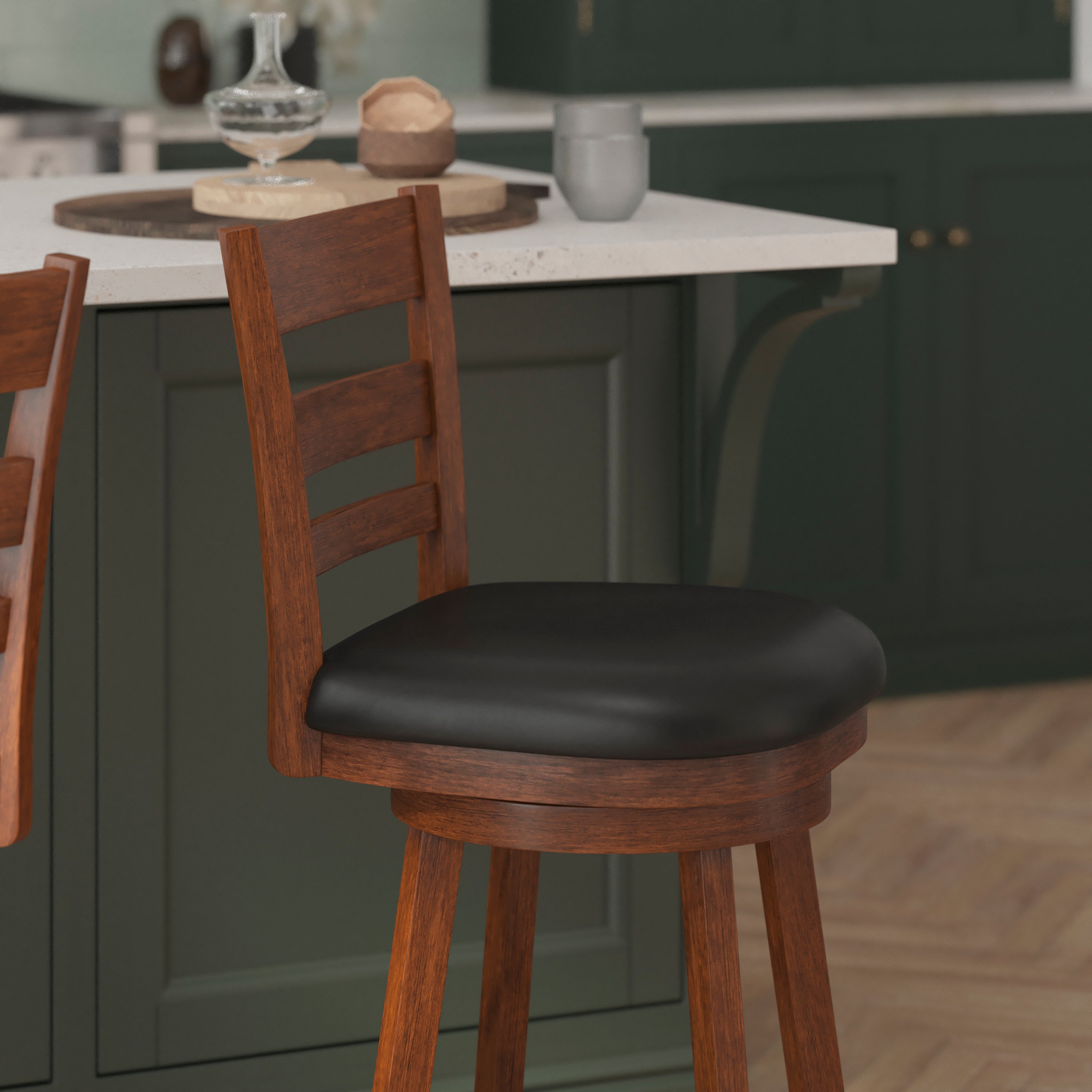 Zerrick Commercial Grade Wood Classic Ladderback Swivel Counter Height Barstool with Padded Black LeatherSoft Seat, Antique Oak