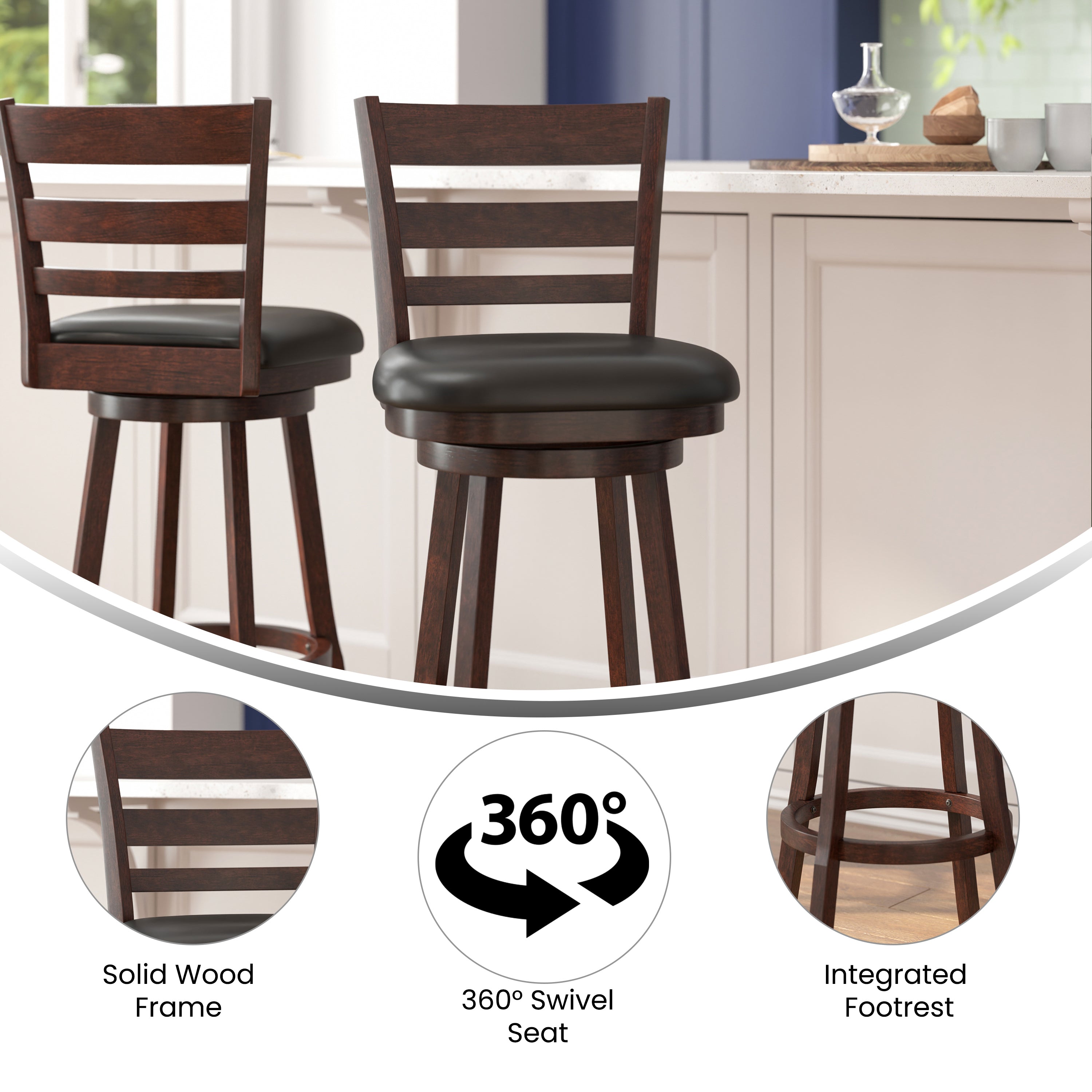 Zerrick Commercial Grade Wood Classic Ladderback Swivel Bar Height Barstool with Padded Black LeatherSoft Seat, Espresso