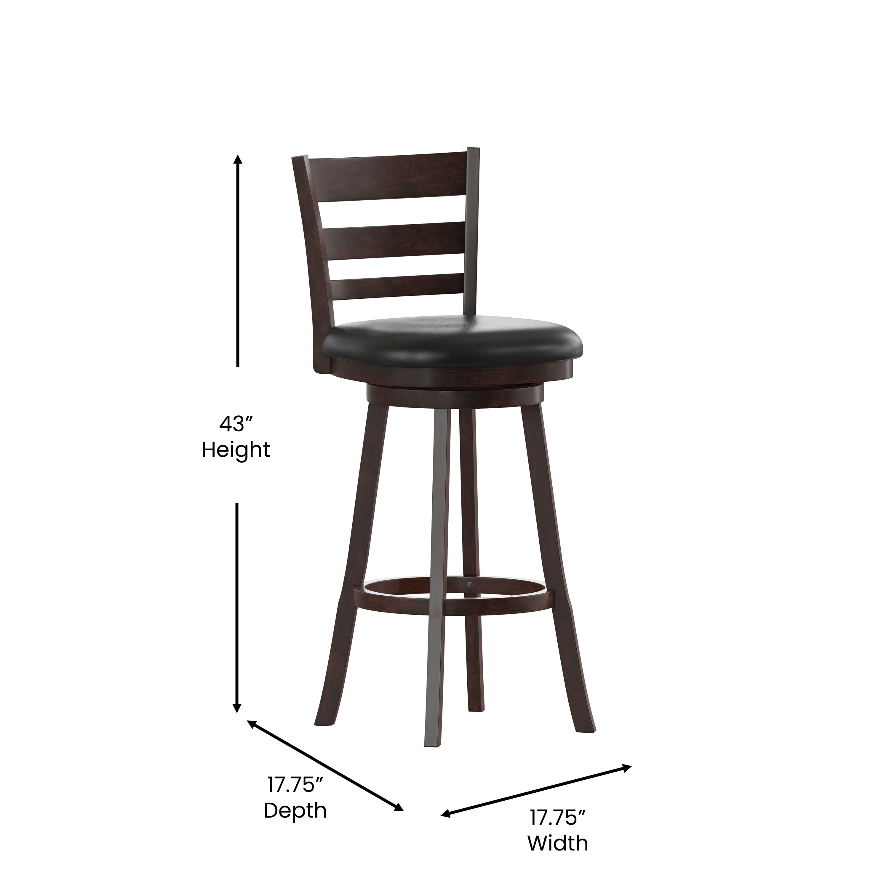 Zerrick Commercial Grade Wood Classic Ladderback Swivel Bar Height Barstool with Padded Black LeatherSoft Seat, Espresso