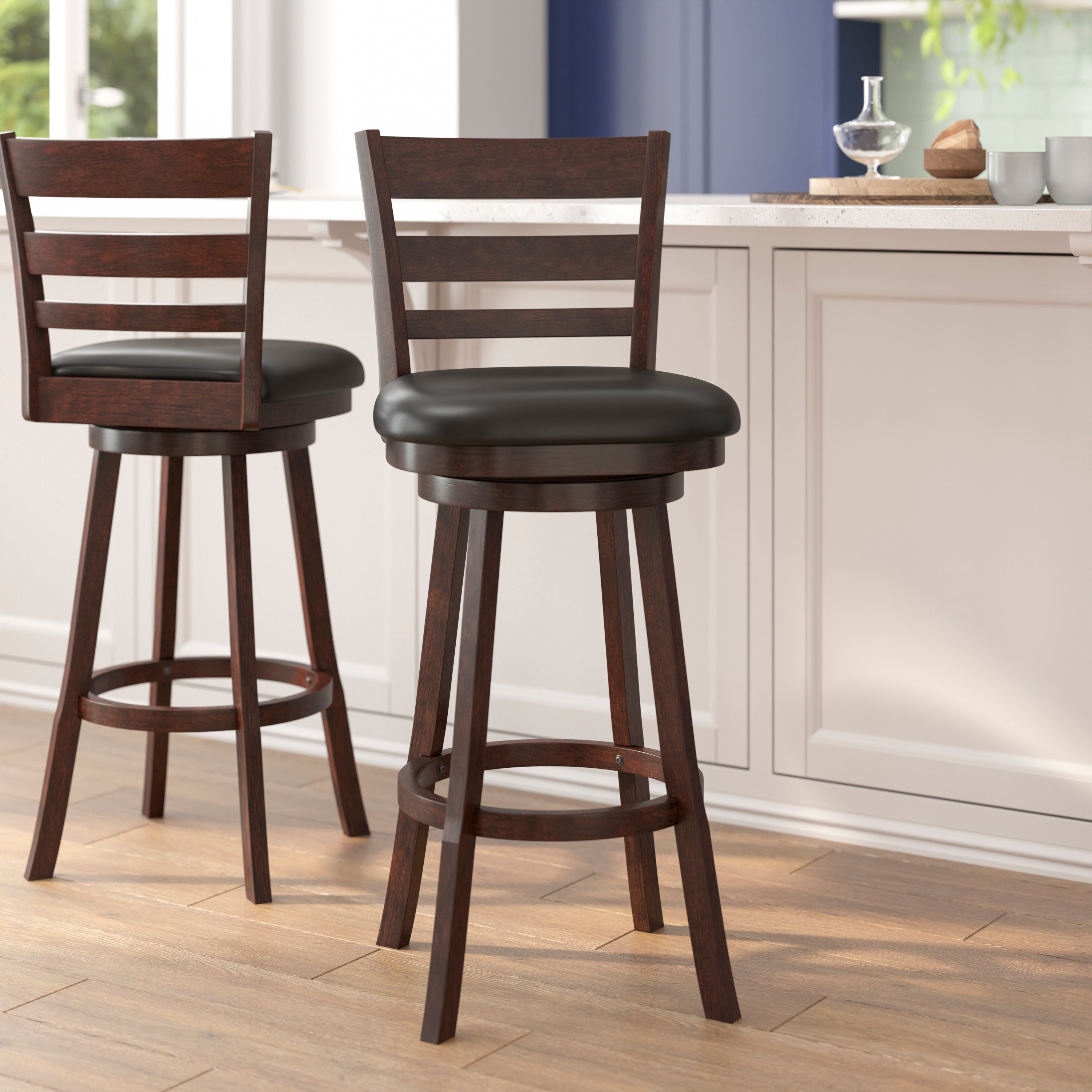Zerrick Commercial Grade Wood Classic Ladderback Swivel Bar Height Barstool with Padded Black LeatherSoft Seat, Espresso