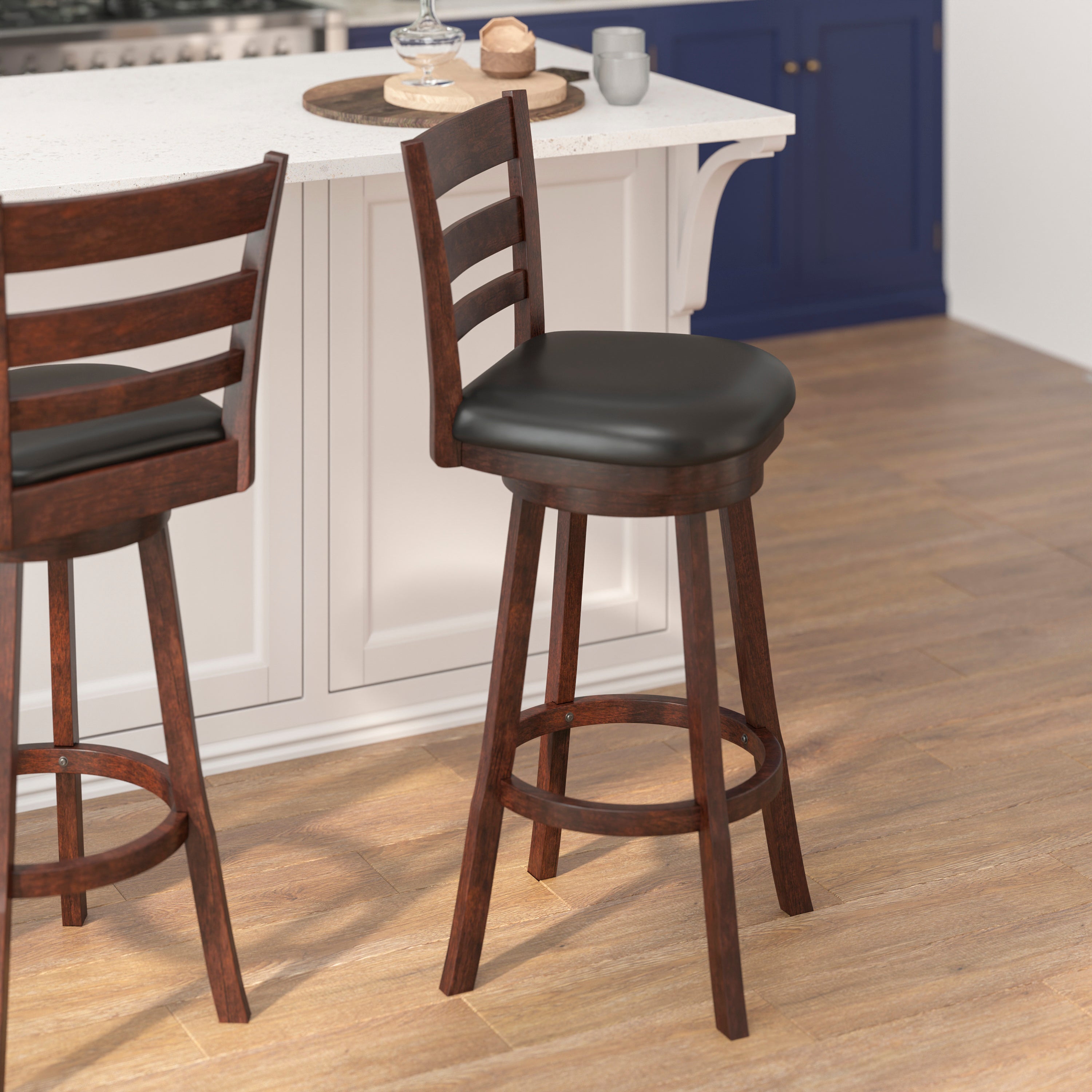 Zerrick Commercial Grade Wood Classic Ladderback Swivel Bar Height Barstool with Padded Black LeatherSoft Seat, Espresso