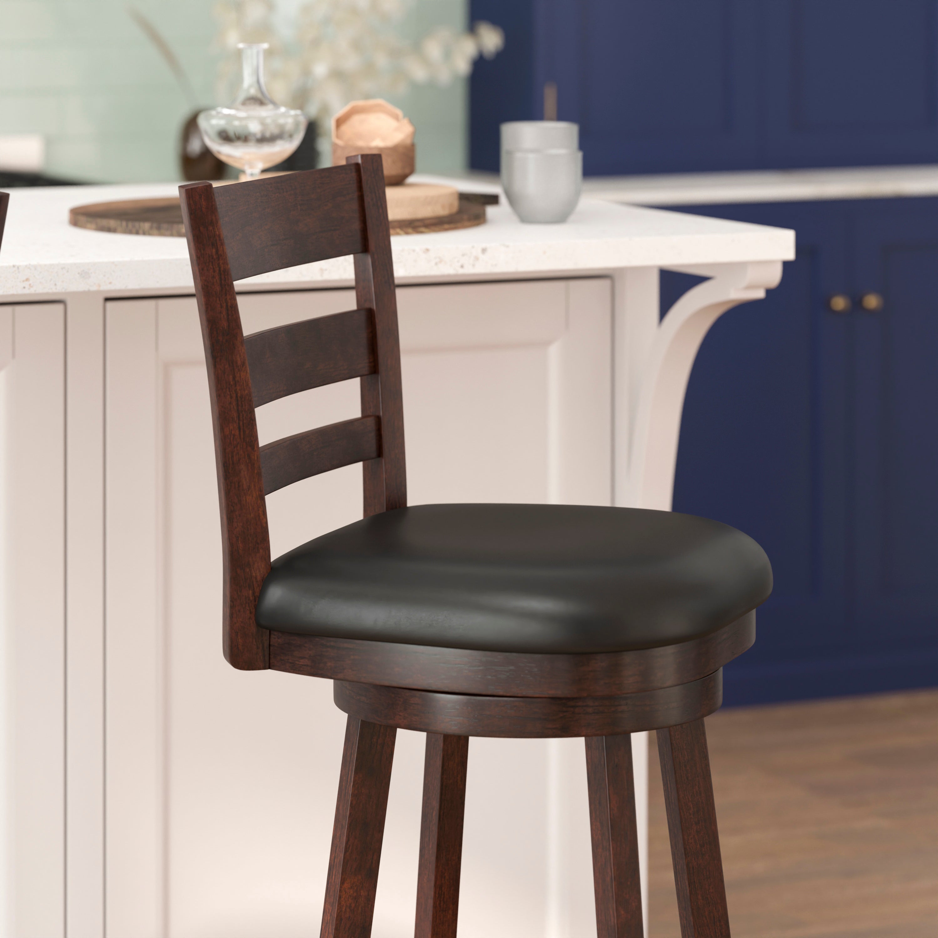 Zerrick Commercial Grade Wood Classic Ladderback Swivel Bar Height Barstool with Padded Black LeatherSoft Seat, Espresso