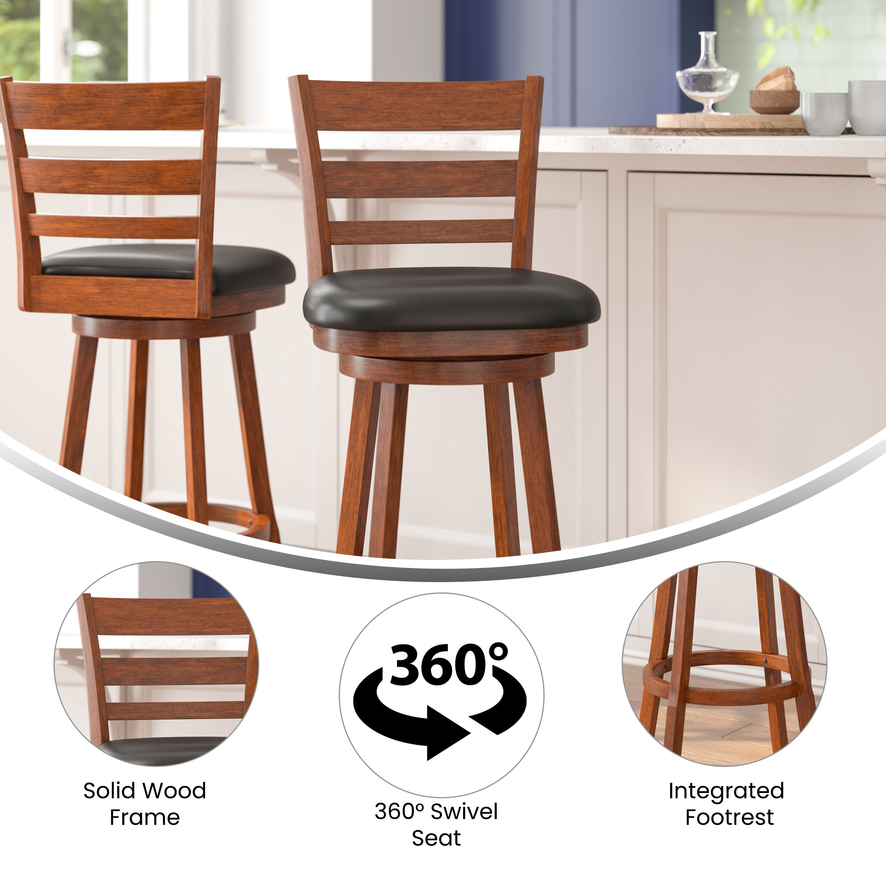 Zerrick Commercial Grade Wood Classic Ladderback Swivel Bar Height Barstool with Padded Black LeatherSoft Seat, Antique Oak
