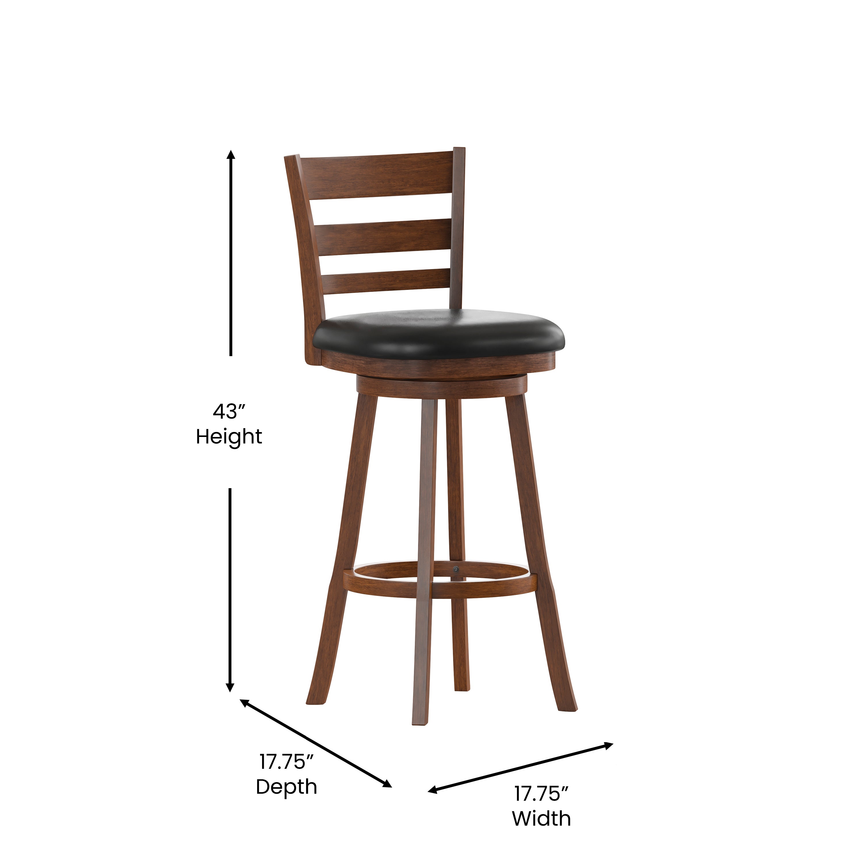 Zerrick Commercial Grade Wood Classic Ladderback Swivel Bar Height Barstool with Padded Black LeatherSoft Seat, Antique Oak