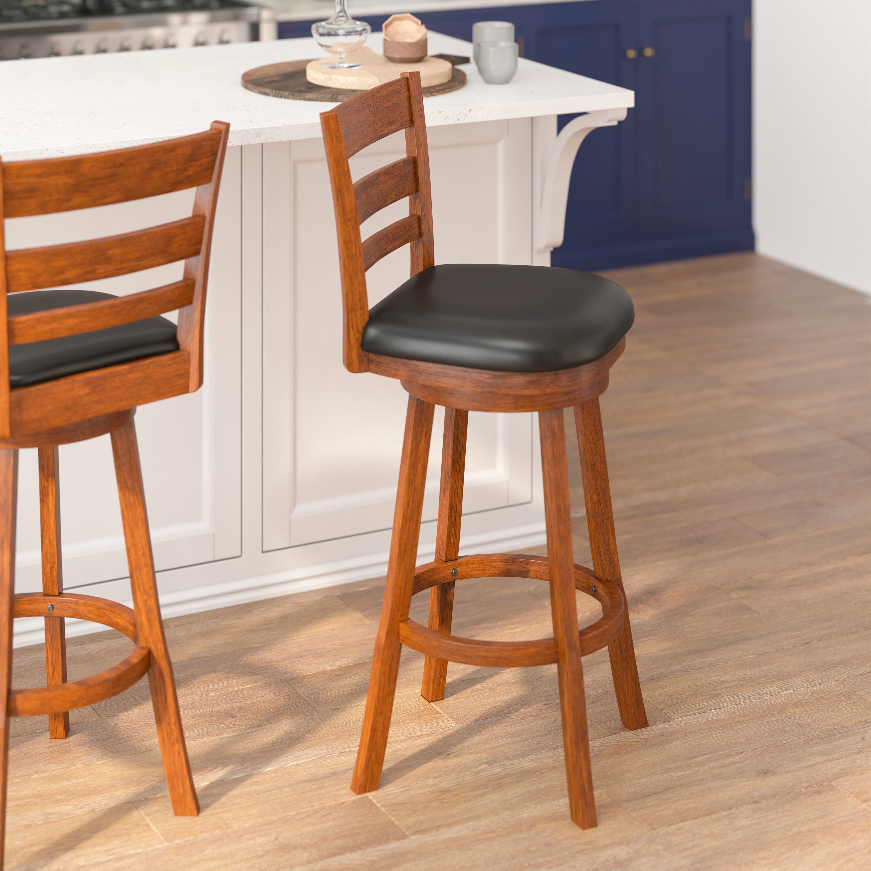 Zerrick Commercial Grade Wood Classic Ladderback Swivel Bar Height Barstool with Padded Black LeatherSoft Seat, Antique Oak