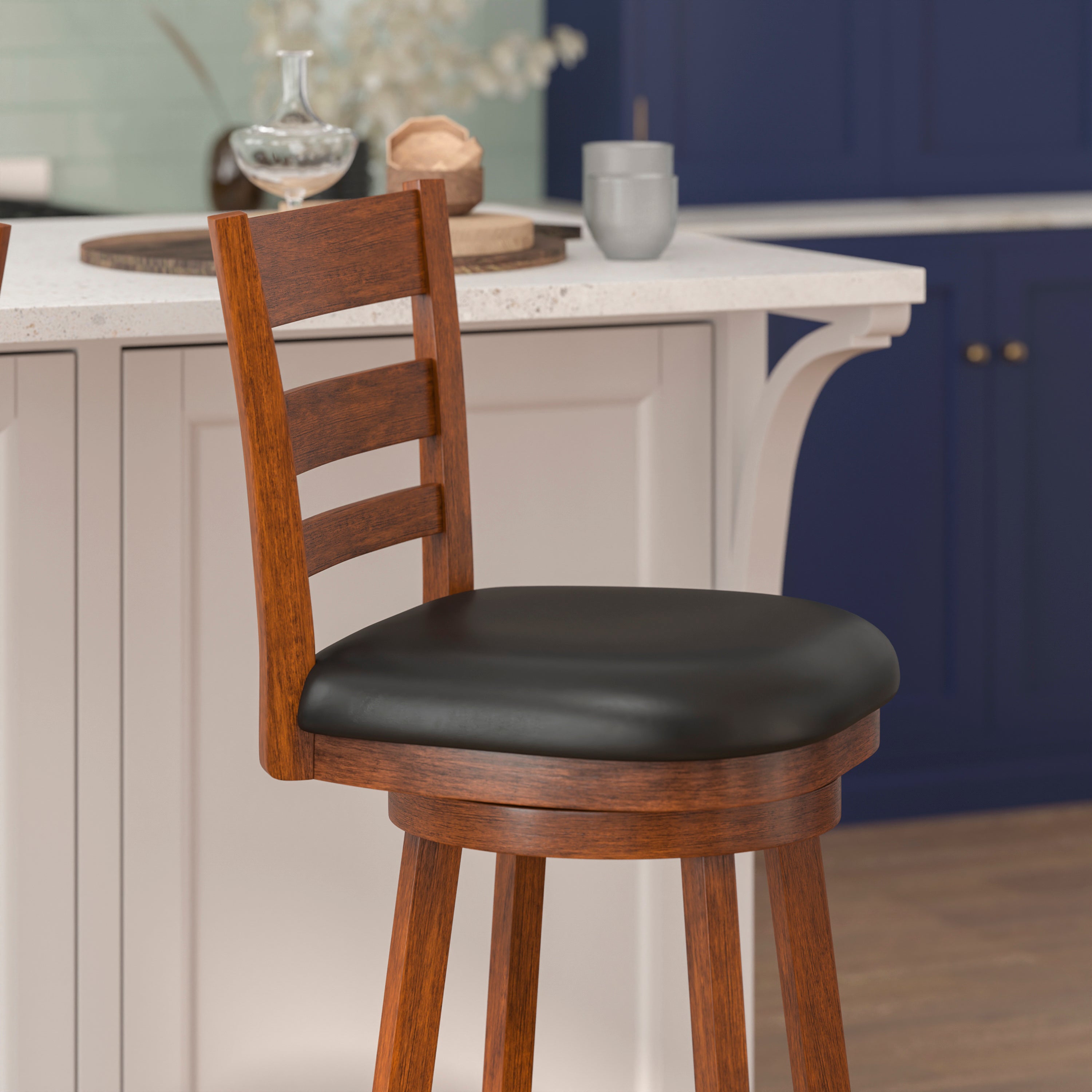Zerrick Commercial Grade Wood Classic Ladderback Swivel Bar Height Barstool with Padded Black LeatherSoft Seat, Antique Oak