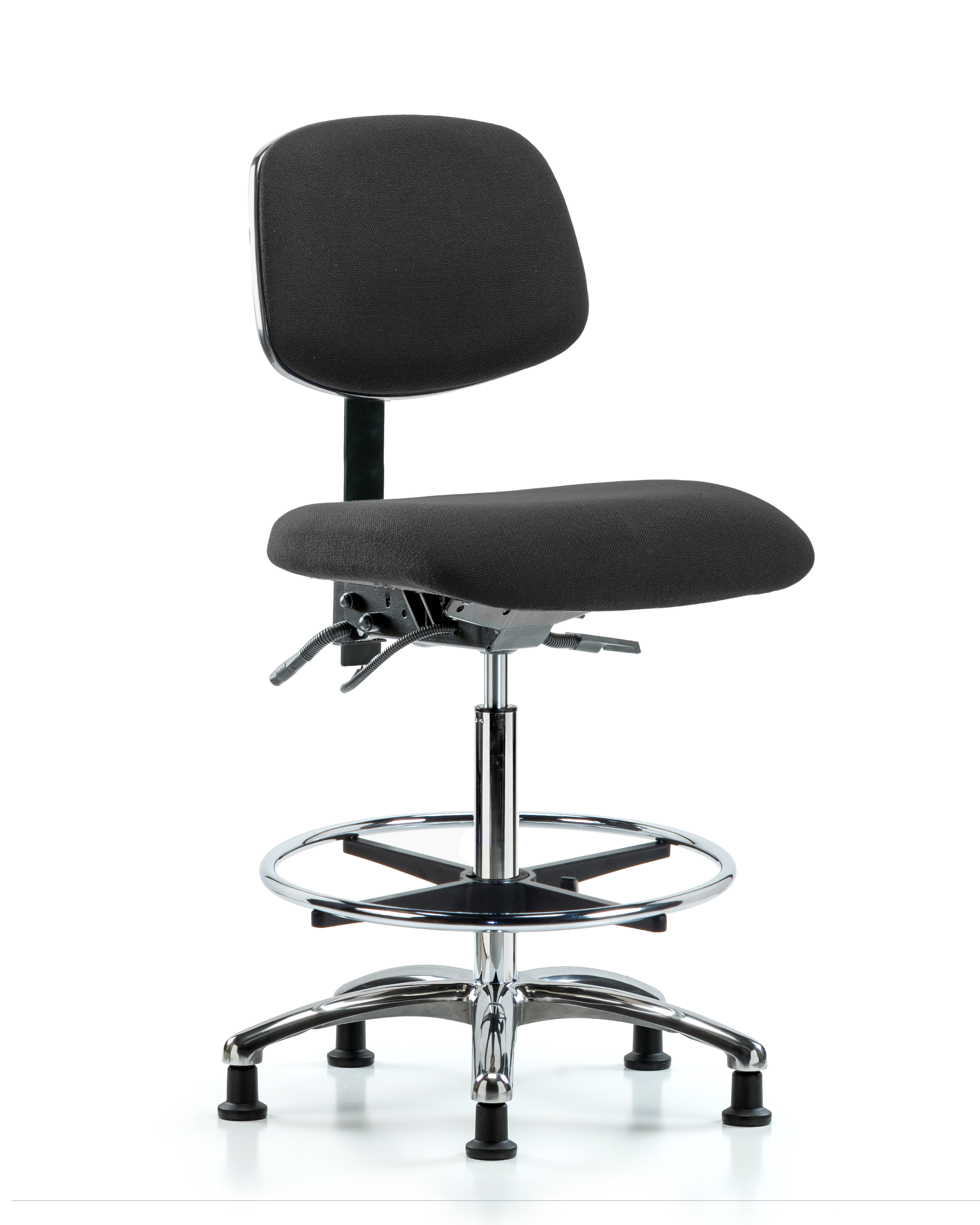 Fabric ESD Chair - High Bench Height with Seat Tilt, Chrome Foot Ring, & ESD Stationary Glides in ESD Black Fabric
