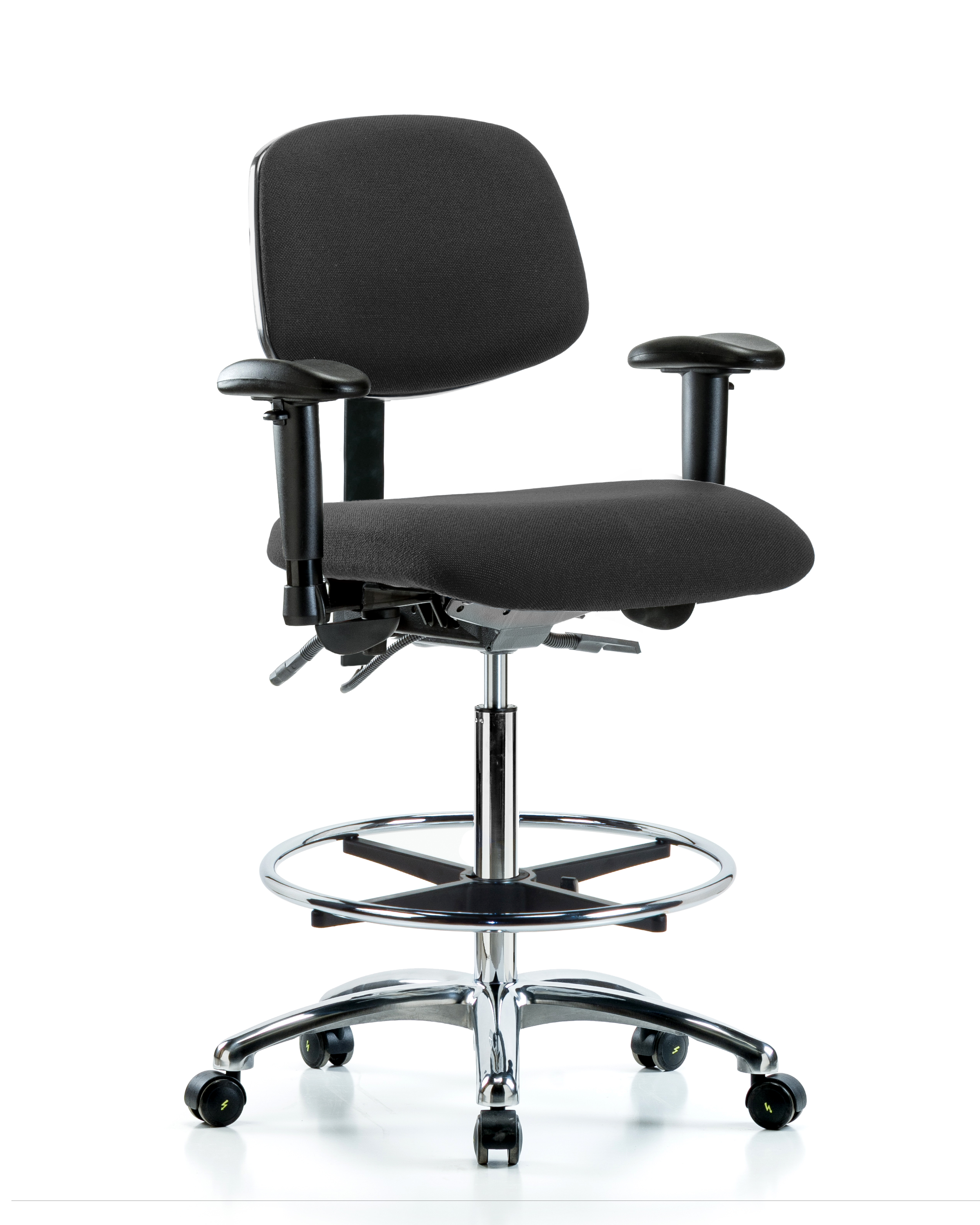 Fabric ESD Chair - High Bench Height with Seat Tilt, Adjustable Arms, Chrome Foot Ring, & ESD Casters in ESD Black Fabric