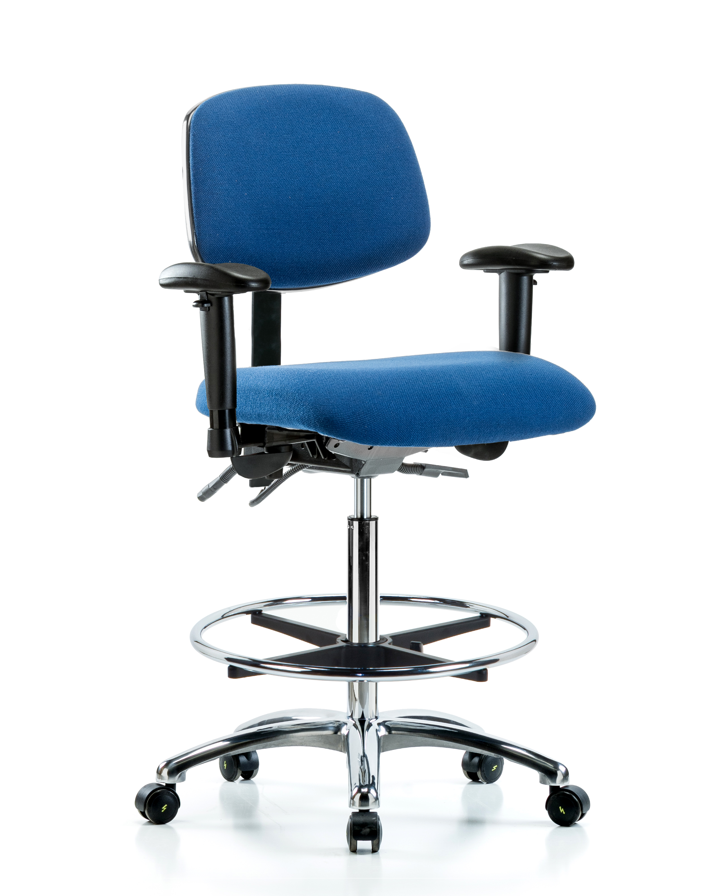 Fabric ESD Chair - High Bench Height with Seat Tilt, Adjustable Arms, Chrome Foot Ring, & ESD Casters in ESD Black Fabric