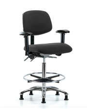 Fabric ESD Chair - High Bench Height with Seat Tilt, Adjustable Arms, Chrome Foot Ring, & ESD Stationary Glides in ESD Black Fabric