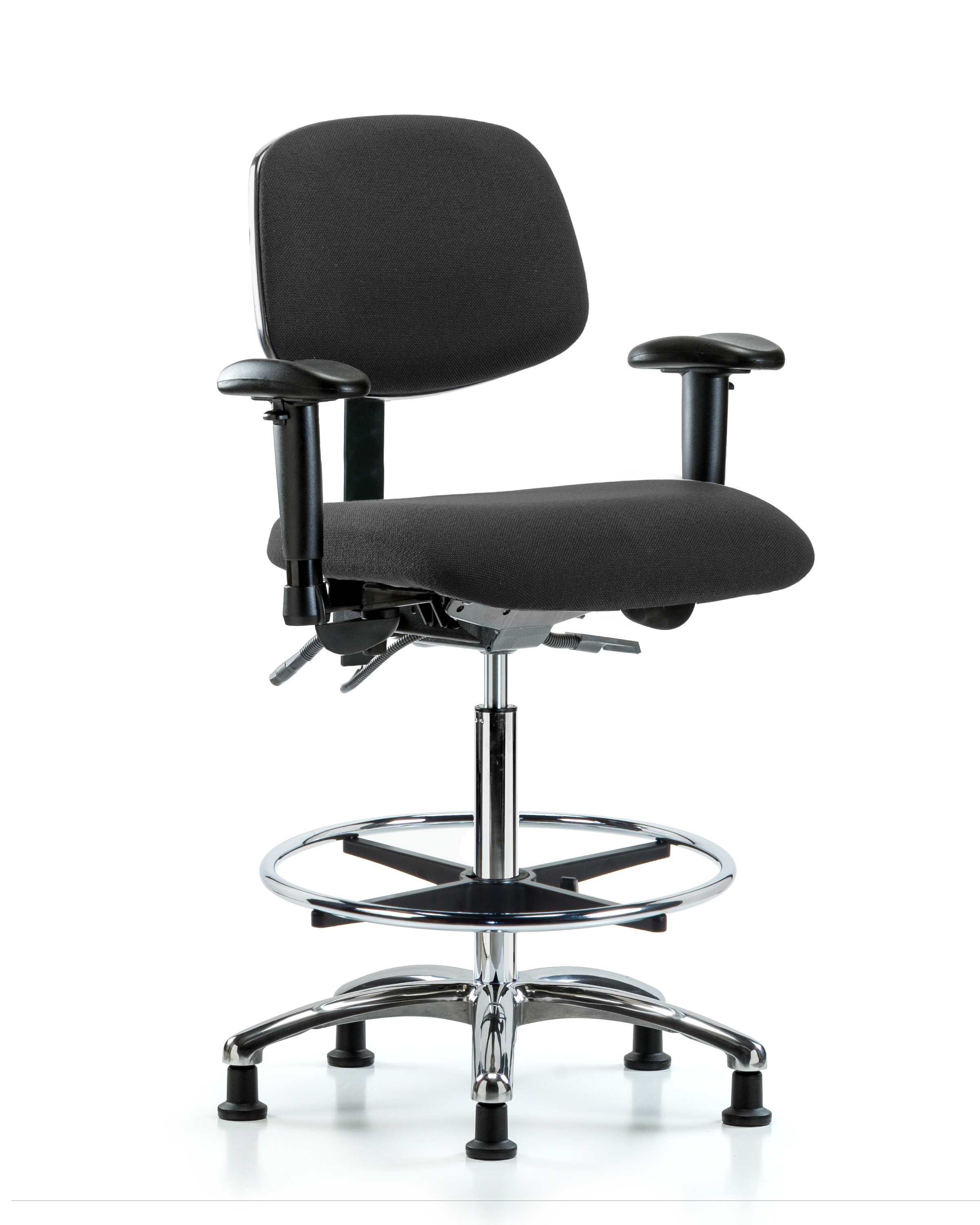 Fabric ESD Chair - High Bench Height with Seat Tilt, Adjustable Arms, Chrome Foot Ring, & ESD Stationary Glides in ESD Black Fabric