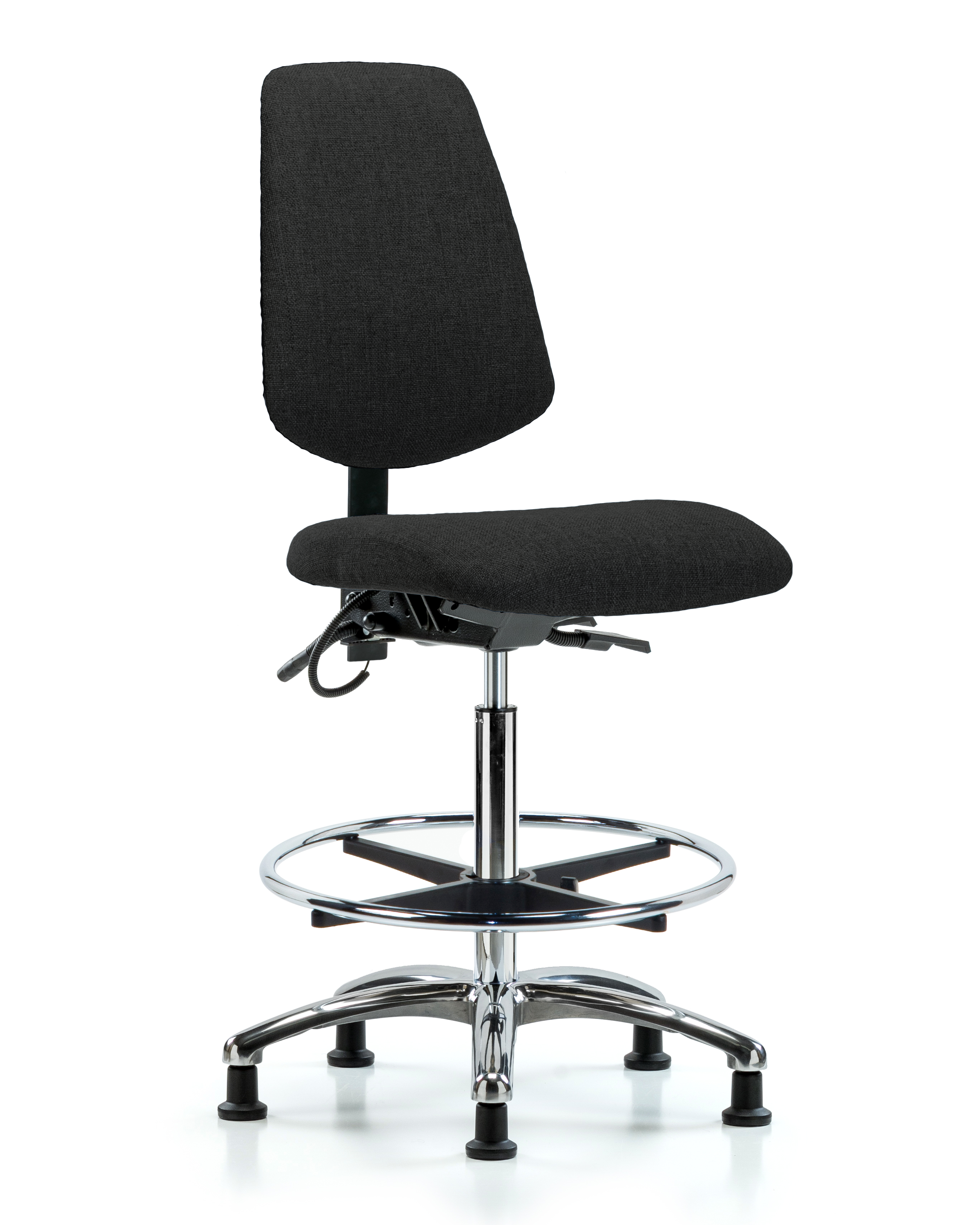 Fabric ESD Chair - High Bench Height with Medium Back, Chrome Foot Ring, & ESD Stationary Glides in ESD Black Fabric
