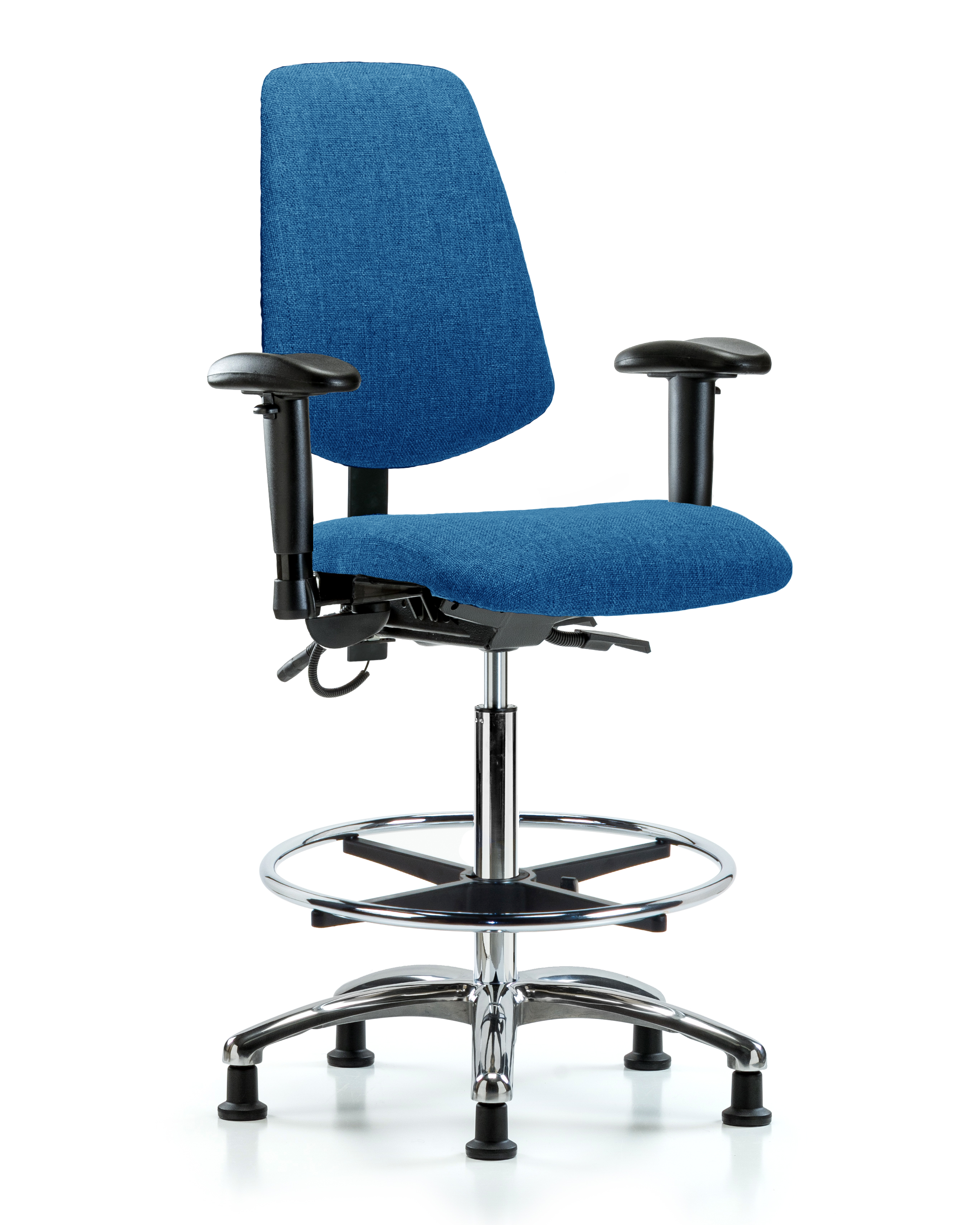 Fabric ESD Chair - High Bench Height with Medium Back, Adjustable Arms, Chrome Foot Ring, & ESD Stationary Glides in ESD Black Fabric