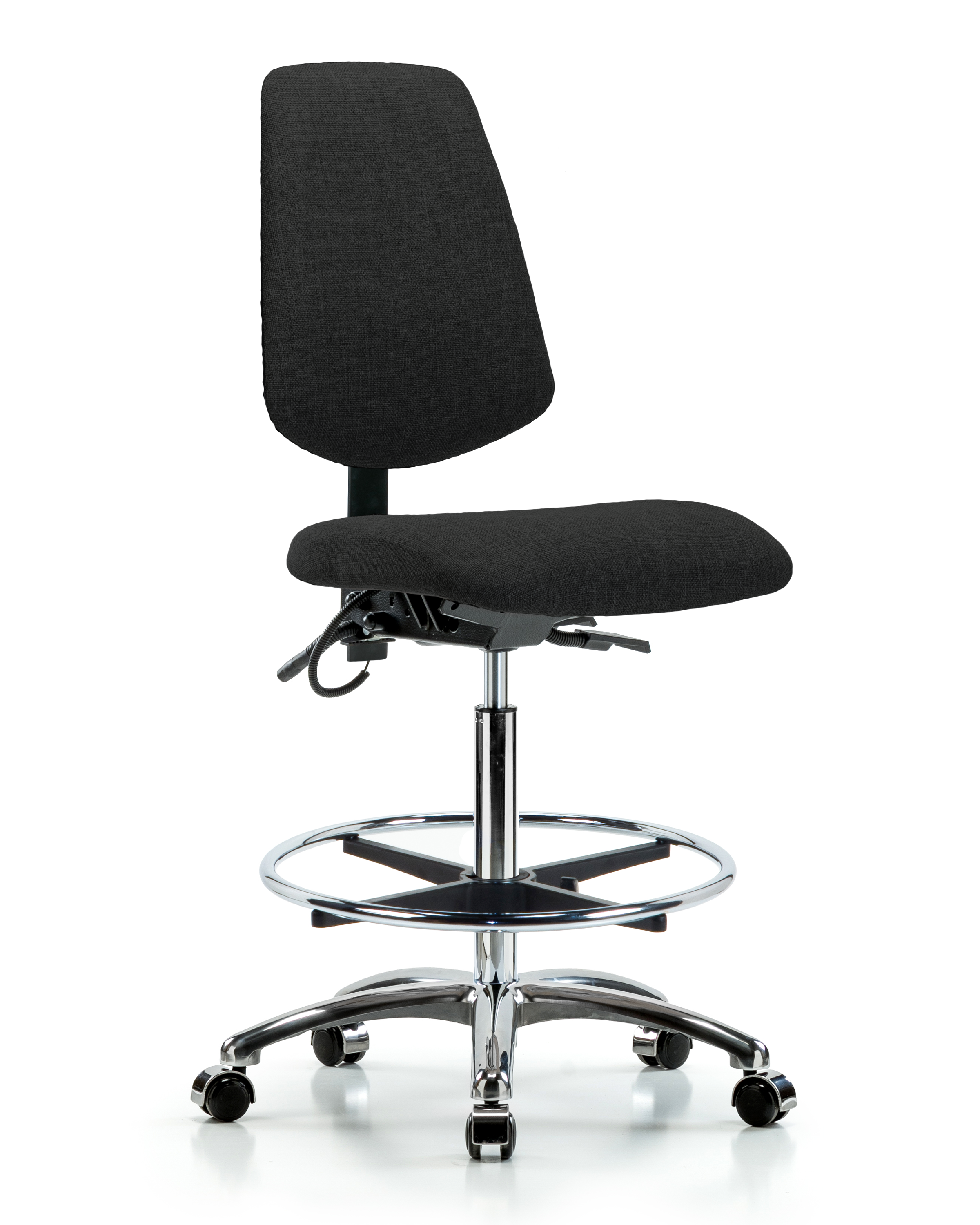 Fabric ESD Chair - High Bench Height with Medium Back, Seat Tilt, Chrome Foot Ring, & ESD Casters in ESD Black Fabric