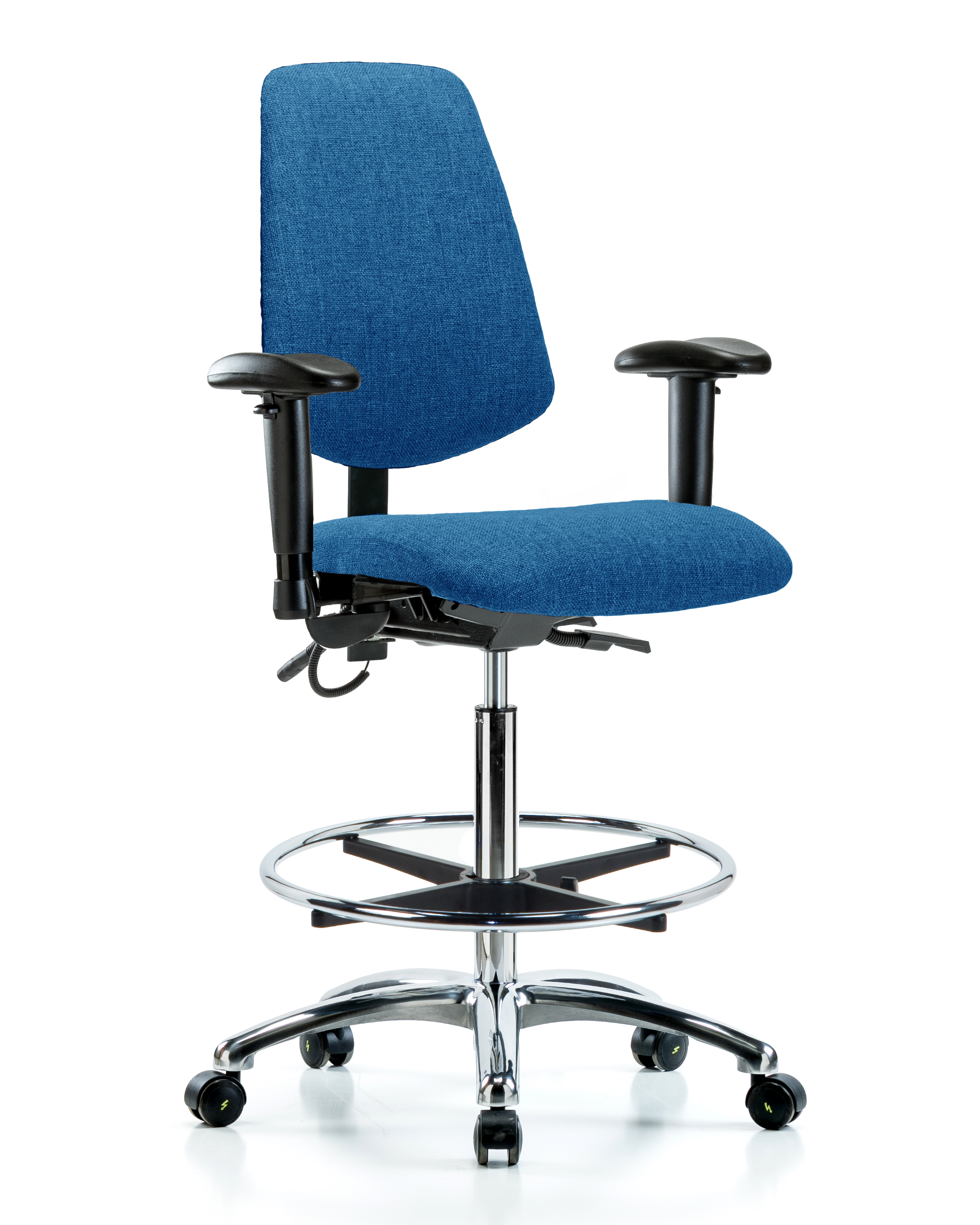 Fabric ESD Chair - High Bench Height with Medium Back, Seat Tilt, Adjustable Arms, Chrome Foot Ring, & ESD Casters in ESD Black Fabric