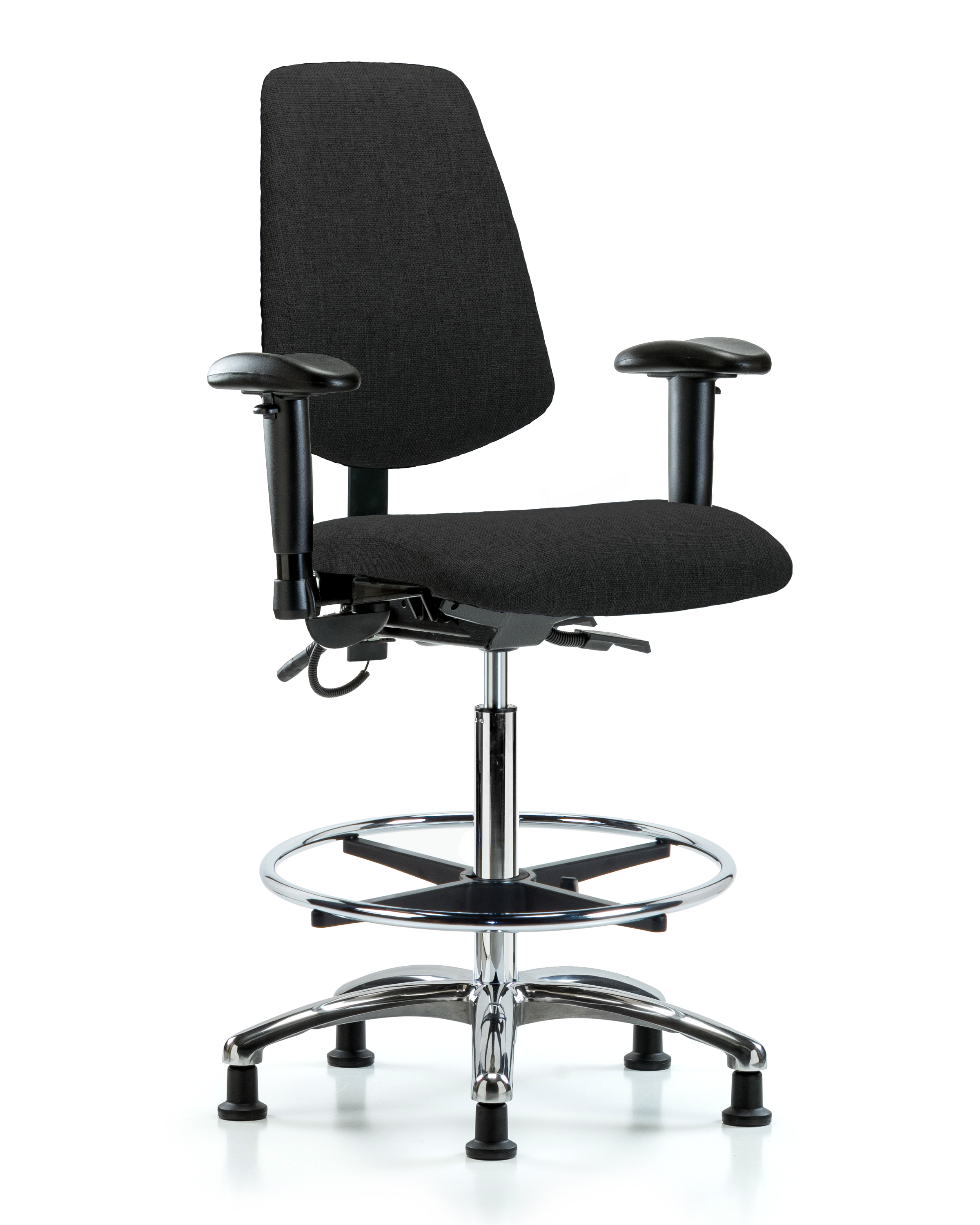 Fabric ESD Chair - High Bench Height with Medium Back, Seat Tilt, Adjustable Arms, Chrome Foot Ring, & ESD Stationary Glides in ESD Black Fabric