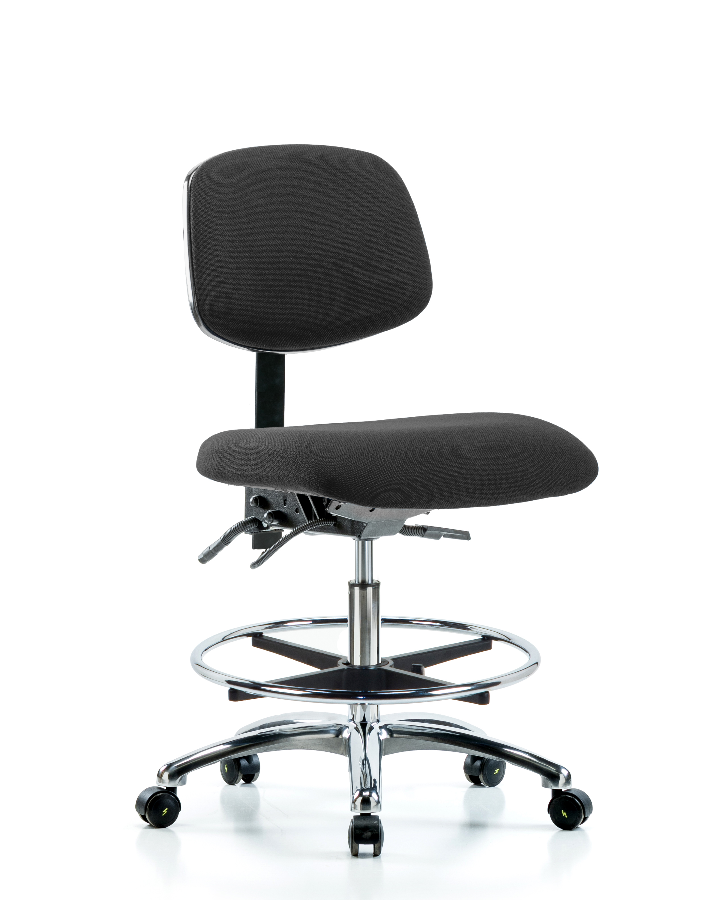 Fabric ESD Chair - Medium Bench Height with Chrome Foot Ring & ESD Casters in ESD Black Fabric