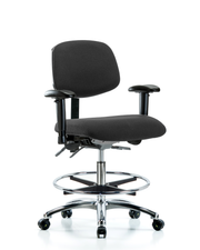 Fabric ESD Chair - Medium Bench Height with Adjustable Arms, Chrome Foot Ring, & ESD Casters in ESD Black Fabric