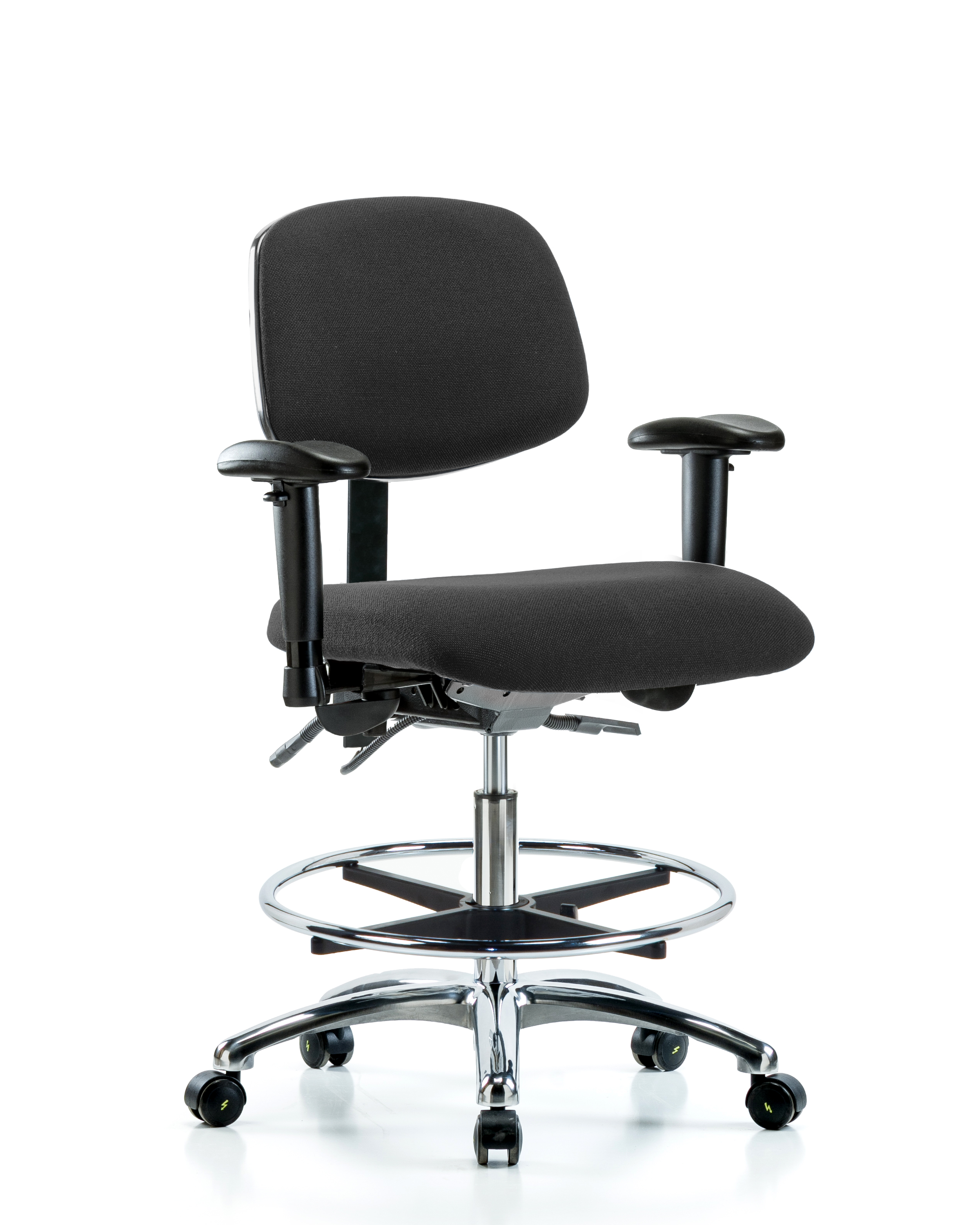 Fabric ESD Chair - Medium Bench Height with Adjustable Arms, Chrome Foot Ring, & ESD Casters in ESD Black Fabric