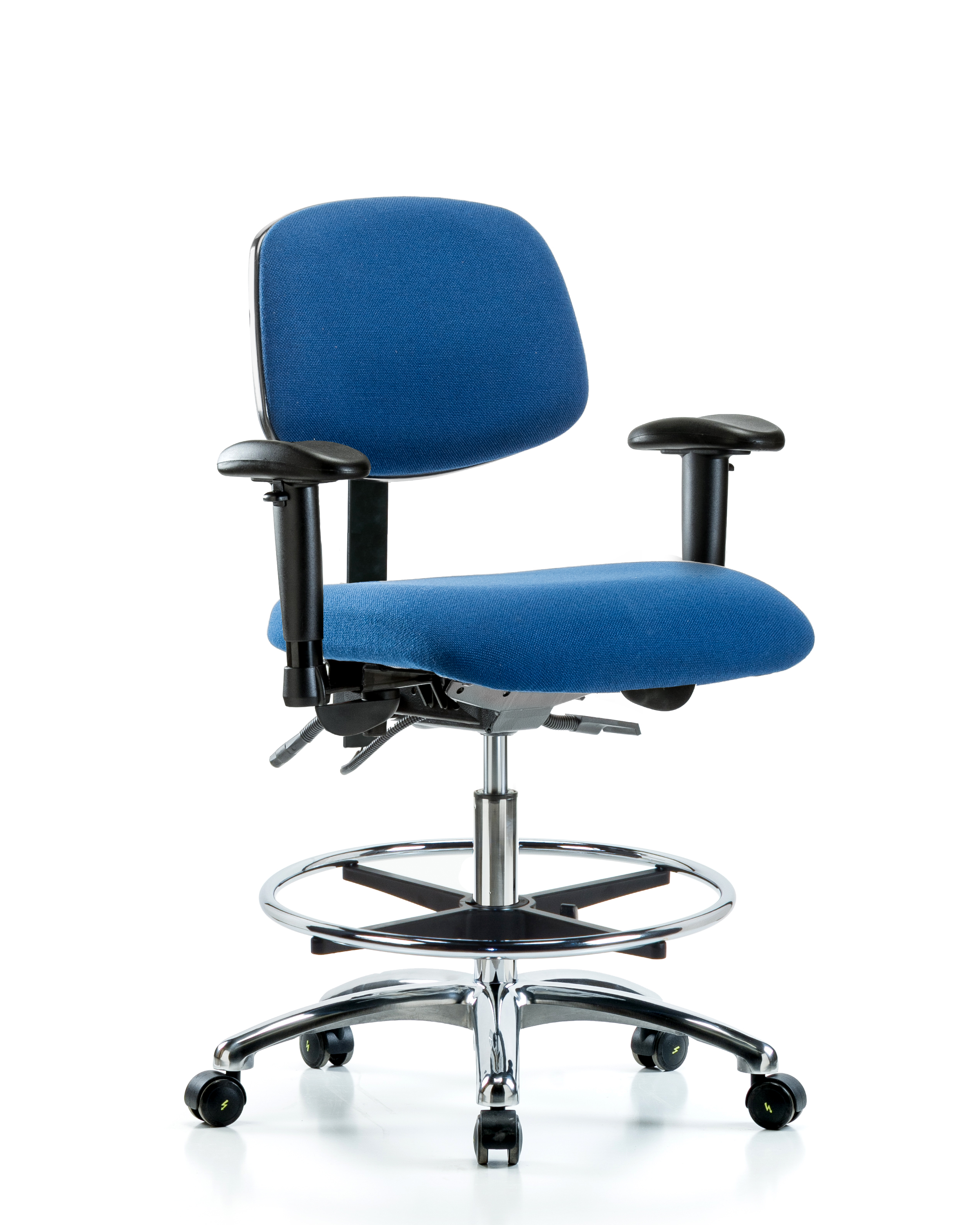 Fabric ESD Chair - Medium Bench Height with Adjustable Arms, Chrome Foot Ring, & ESD Casters in ESD Black Fabric