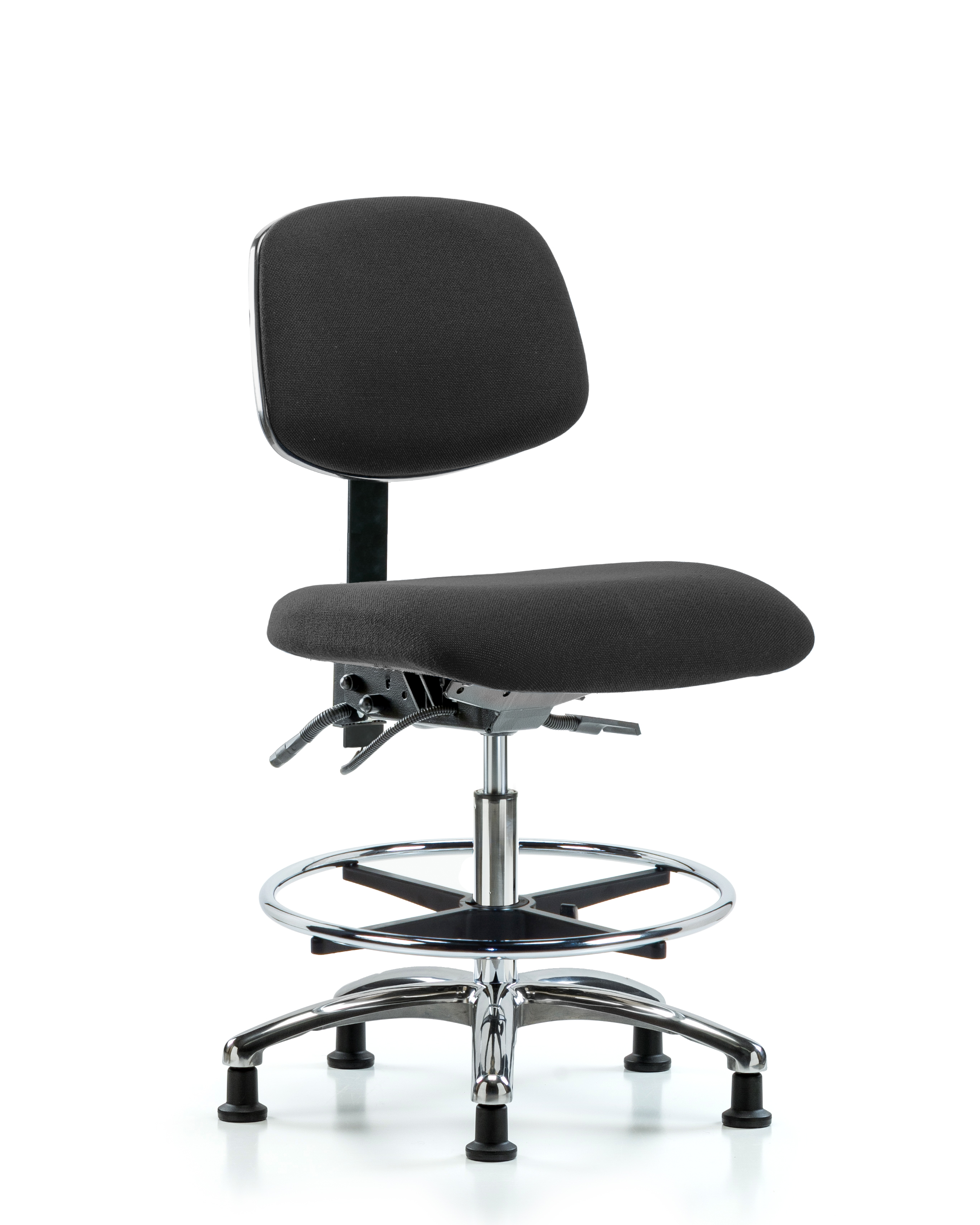 Fabric ESD Chair - Medium Bench Height with Seat Tilt, Chrome Foot Ring, & ESD Stationary Glides in ESD Black Fabric