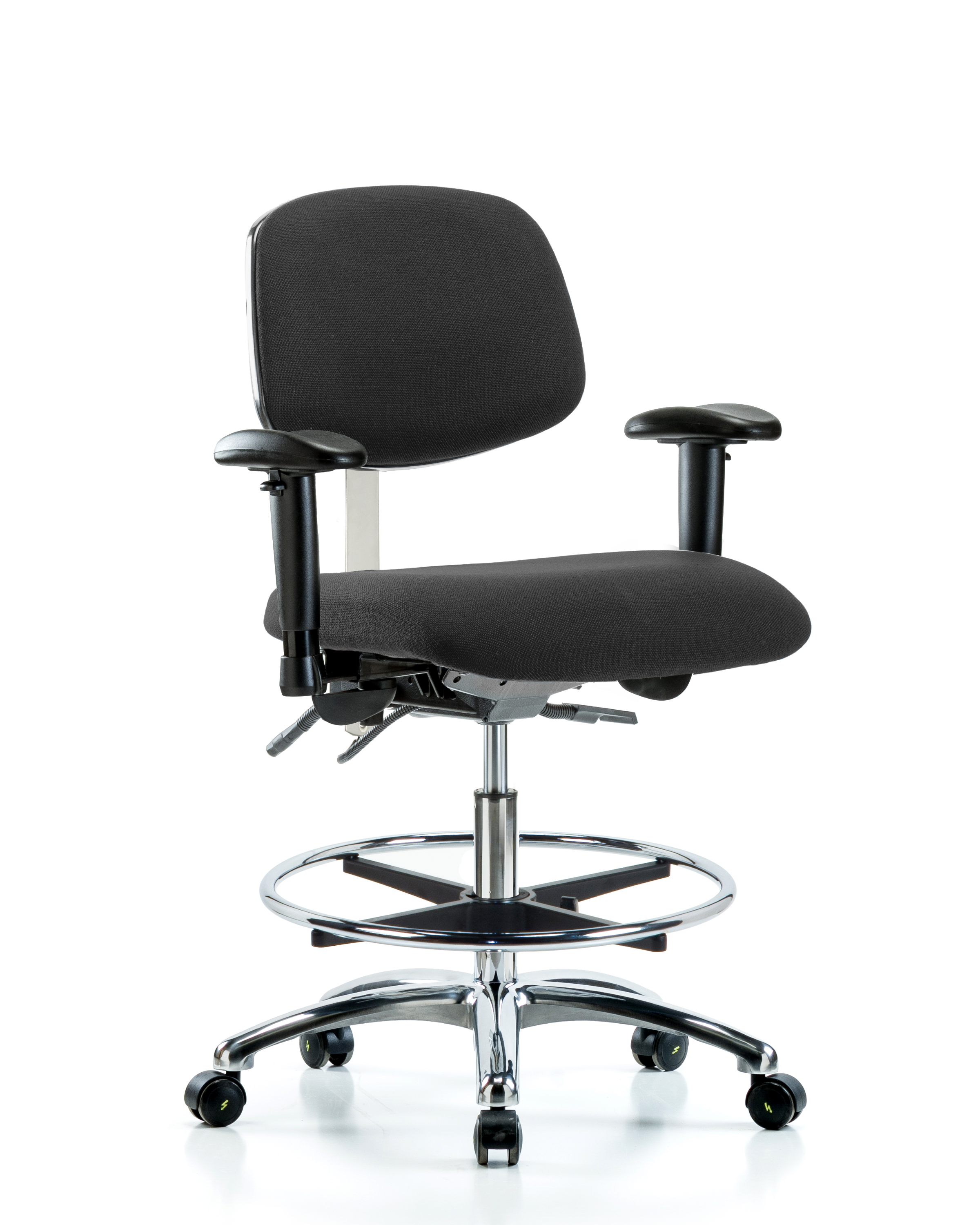 Fabric ESD Chair - Medium Bench Height with Seat Tilt, Adjustable Arms, Chrome Foot Ring, & ESD Casters in ESD Blue Fabric
