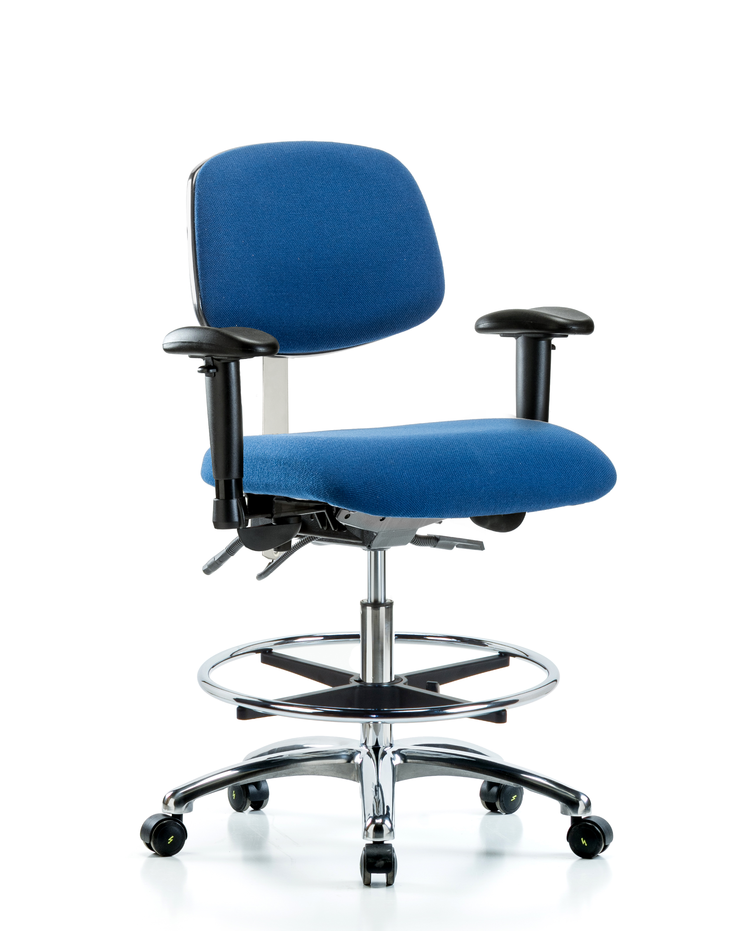 Fabric ESD Chair - Medium Bench Height with Seat Tilt, Adjustable Arms, Chrome Foot Ring, & ESD Casters in ESD Blue Fabric